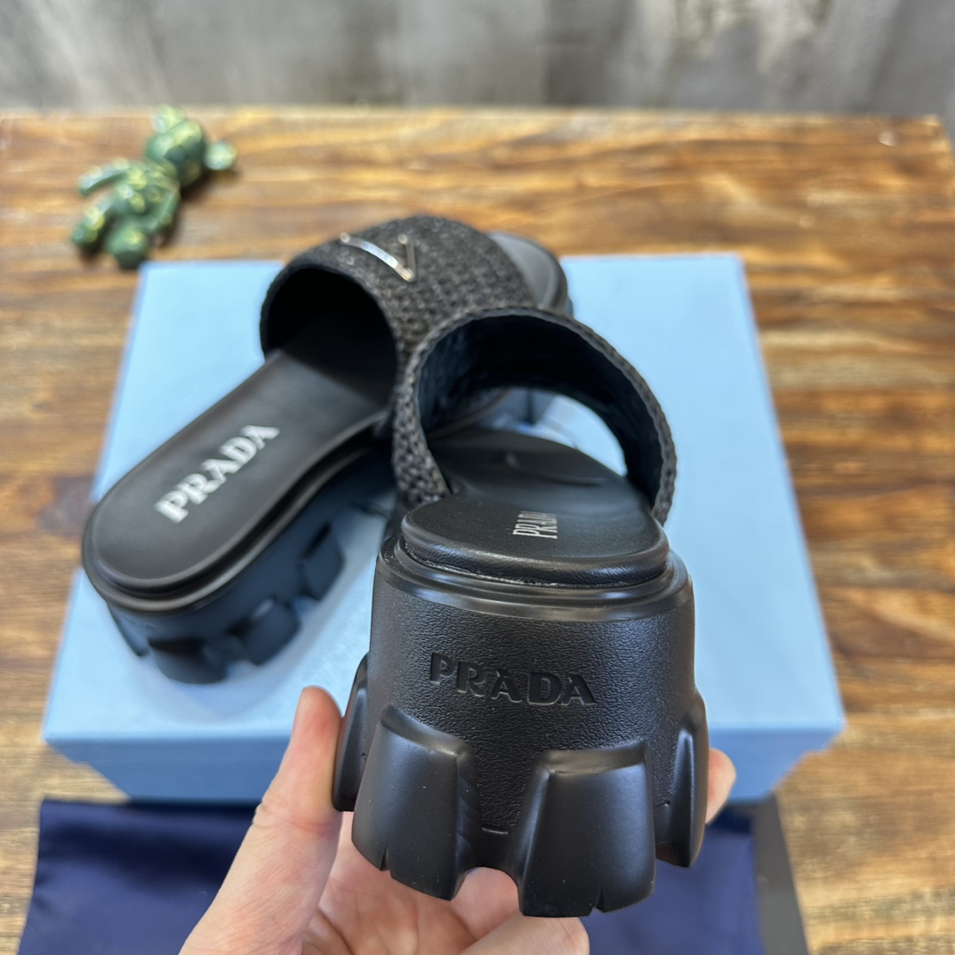 Prada prada普拉达最新款齿牙编织厚底三角扣拖鞋