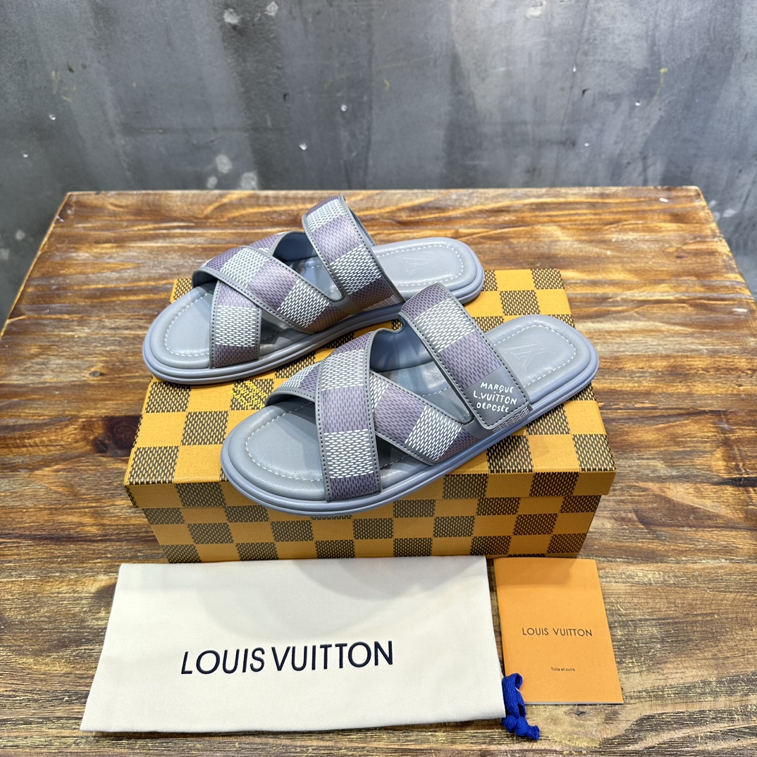 Louis Vuitton LV 路易威登L家 驴牌 棋盘格 魔术贴 交叉 拖鞋 沙滩 凉拖
