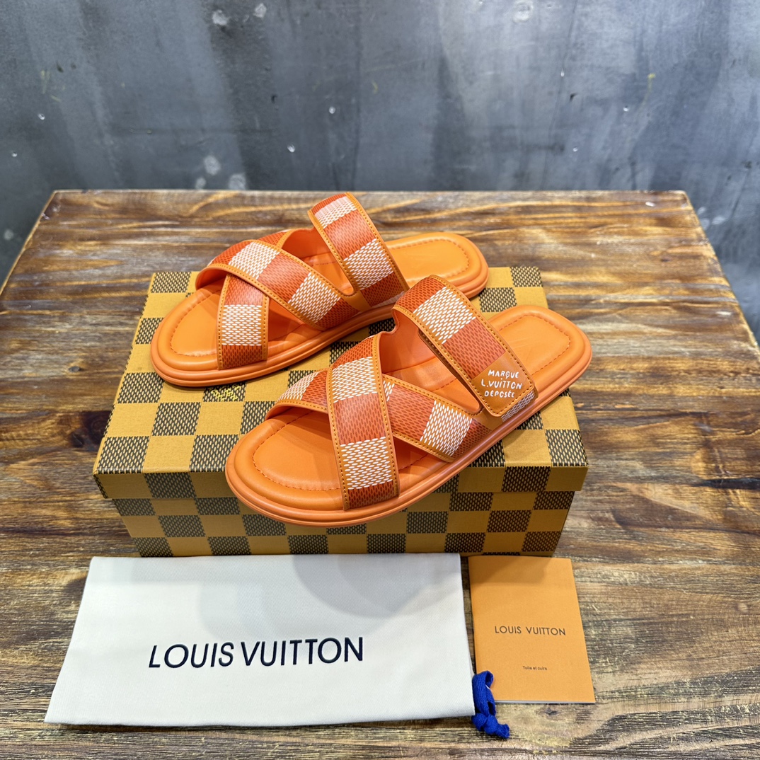 Louis Vuitton LV 路易威登L家 驴牌 棋盘格 魔术贴 交叉 拖鞋 沙滩 凉拖