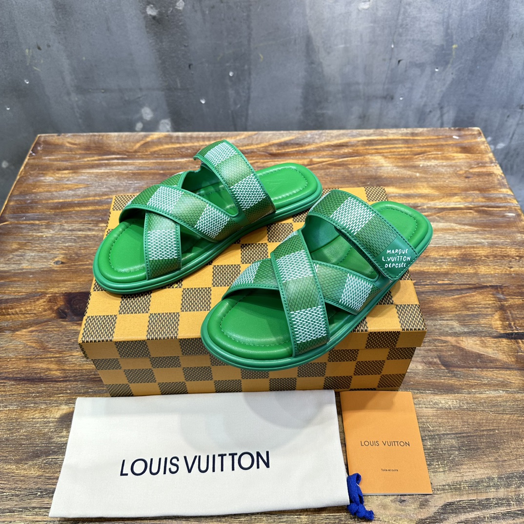 Louis Vuitton LV 路易威登L家 驴牌 棋盘格 魔术贴 交叉 拖鞋 沙滩 凉拖