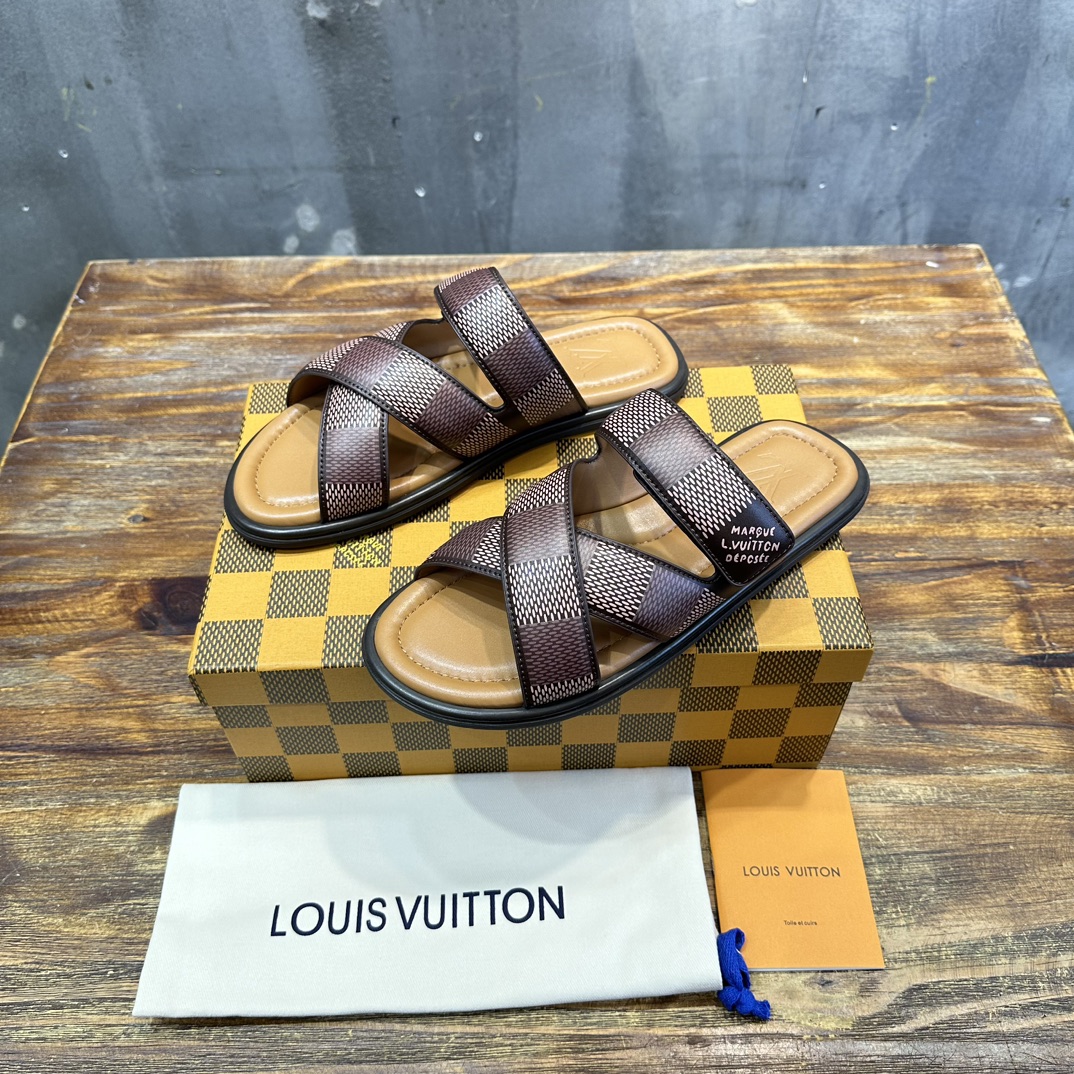 Louis Vuitton LV 路易威登L家 驴牌 棋盘格 魔术贴 交叉 拖鞋 沙滩 凉拖