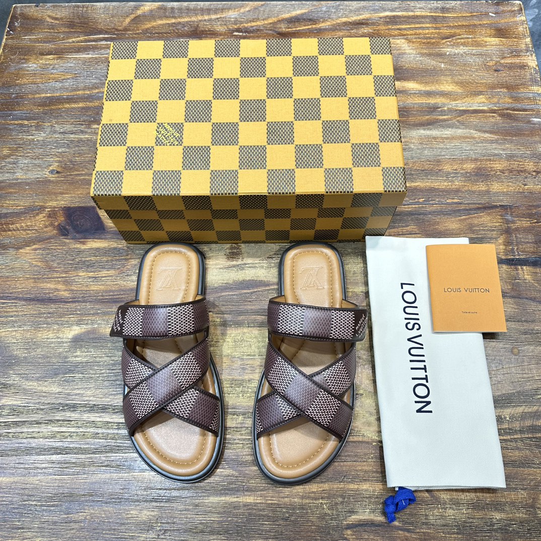 Louis Vuitton LV 路易威登L家 驴牌 棋盘格 魔术贴 交叉 拖鞋 沙滩 凉拖