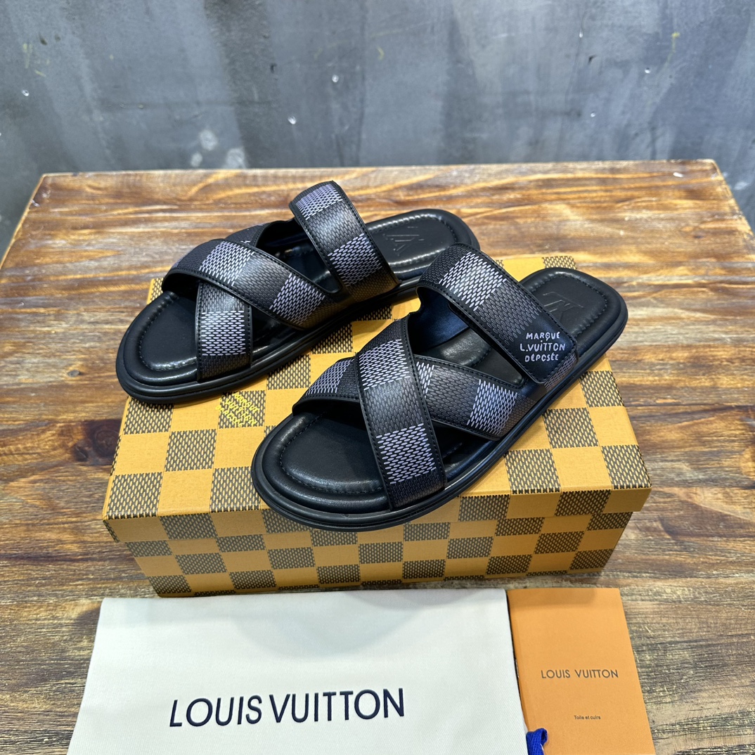 Louis Vuitton LV 路易威登L家 驴牌 棋盘格 魔术贴 交叉 拖鞋 沙滩 凉拖