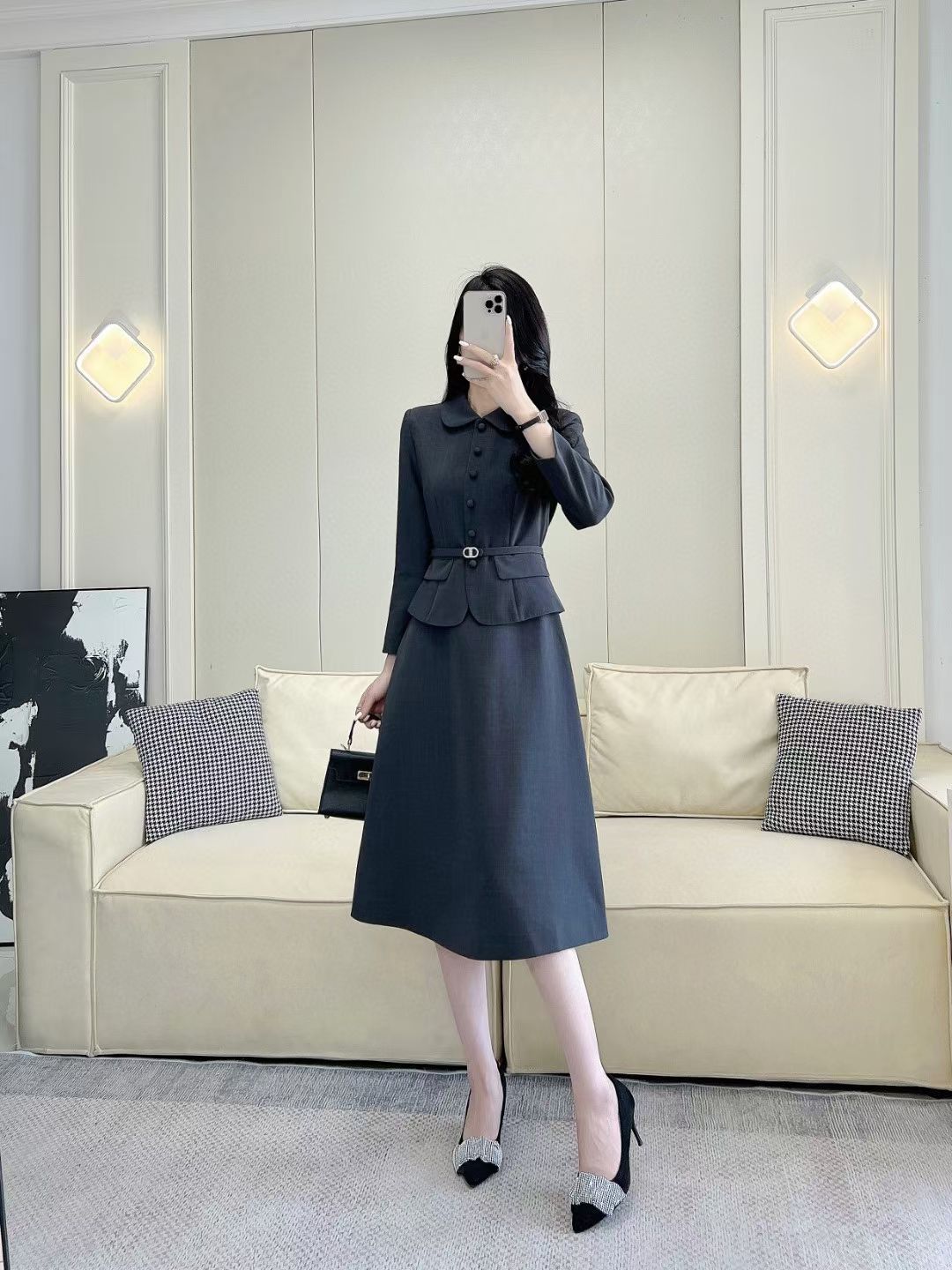 Elegant Women's A-Line Midi Dress with Belted Waist and Peter Pan Collar 1 a1756794926660 6246