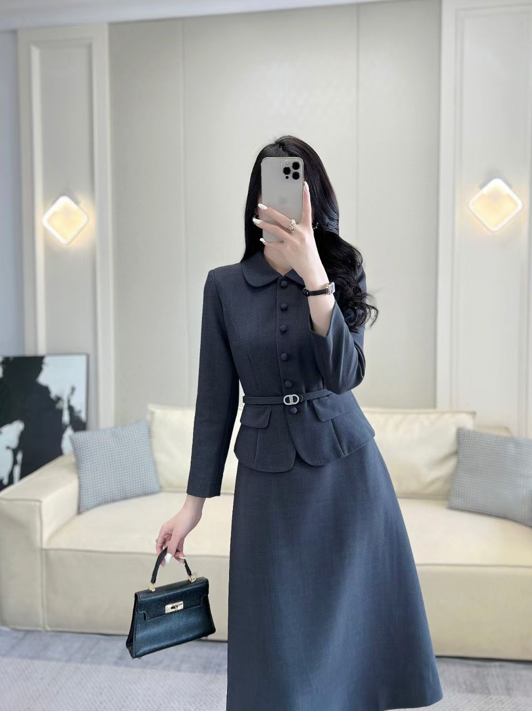 Elegant Women's A-Line Midi Dress with Belted Waist and Peter Pan Collar 2 a1756794926665 8184