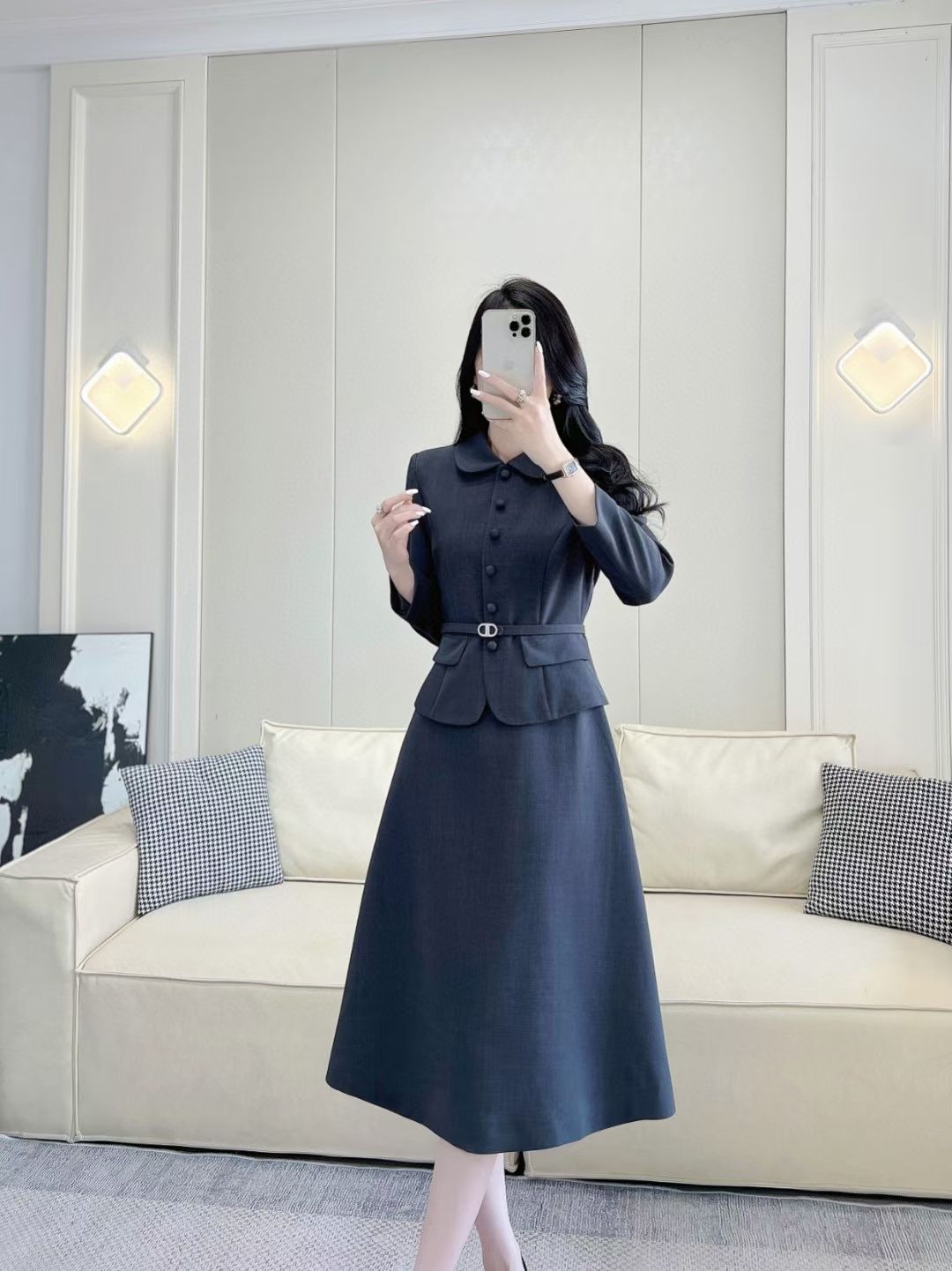 Elegant Women's A-Line Midi Dress with Belted Waist and Peter Pan Collar 4 a1756794926668 6008