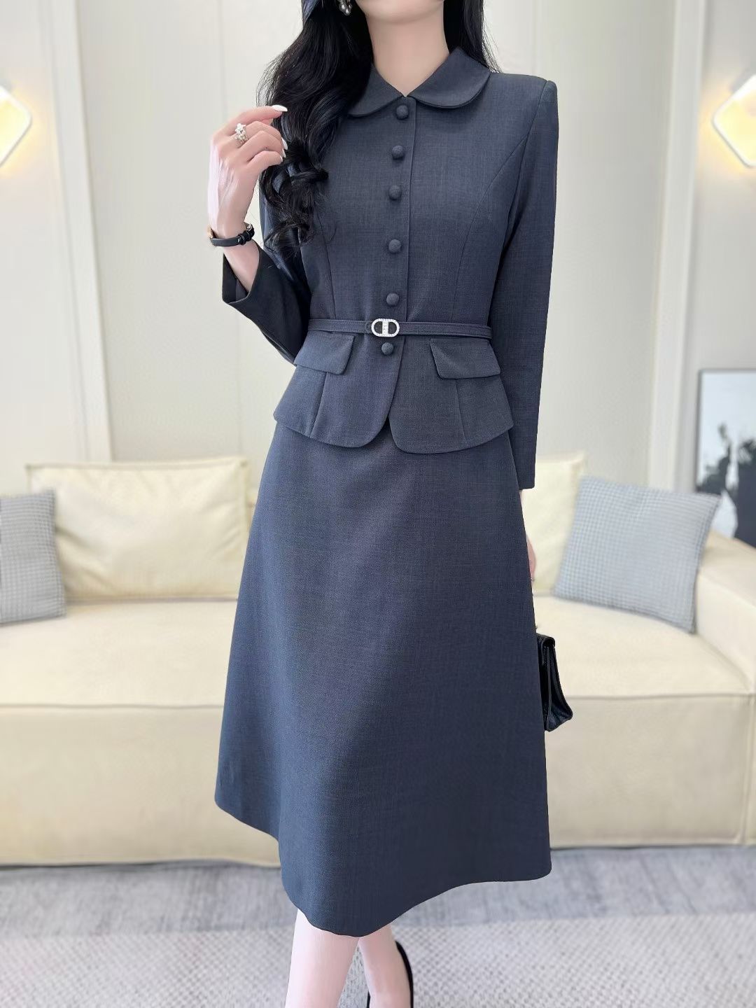Elegant Women's A-Line Midi Dress with Belted Waist and Peter Pan Collar 7 a1756794928704 6117