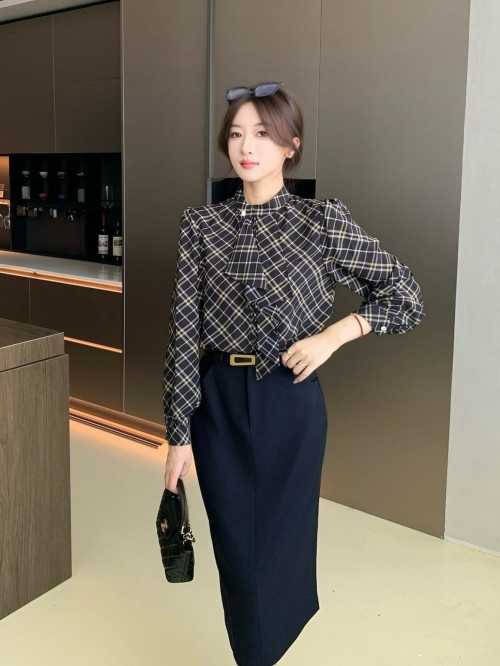 Elegant Plaid Blouse & High-Waisted Midi Skirt Set - Timeless Style 1 Elegant Plaid Blouse & High-Waisted Midi Skirt Set - Timeless Style