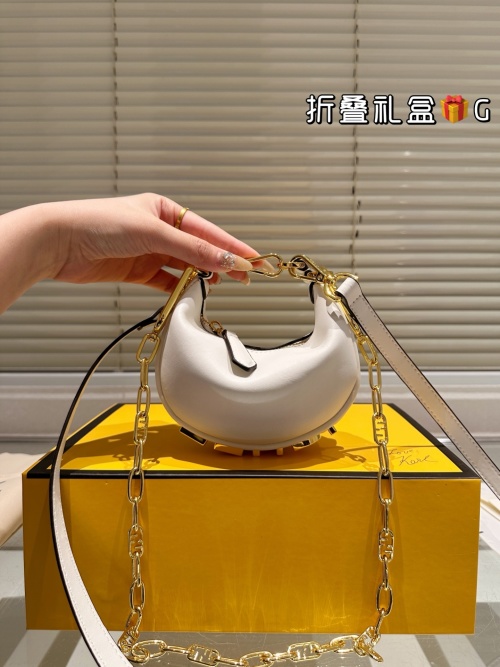 Fendi Graphy Moon Bag: Elegant White Leather, Perfect Size, Gold Chain Detail 1 Fendi Graphy Moon Bag: Elegant White Leather, Perfect Size, Gold Chain Detail