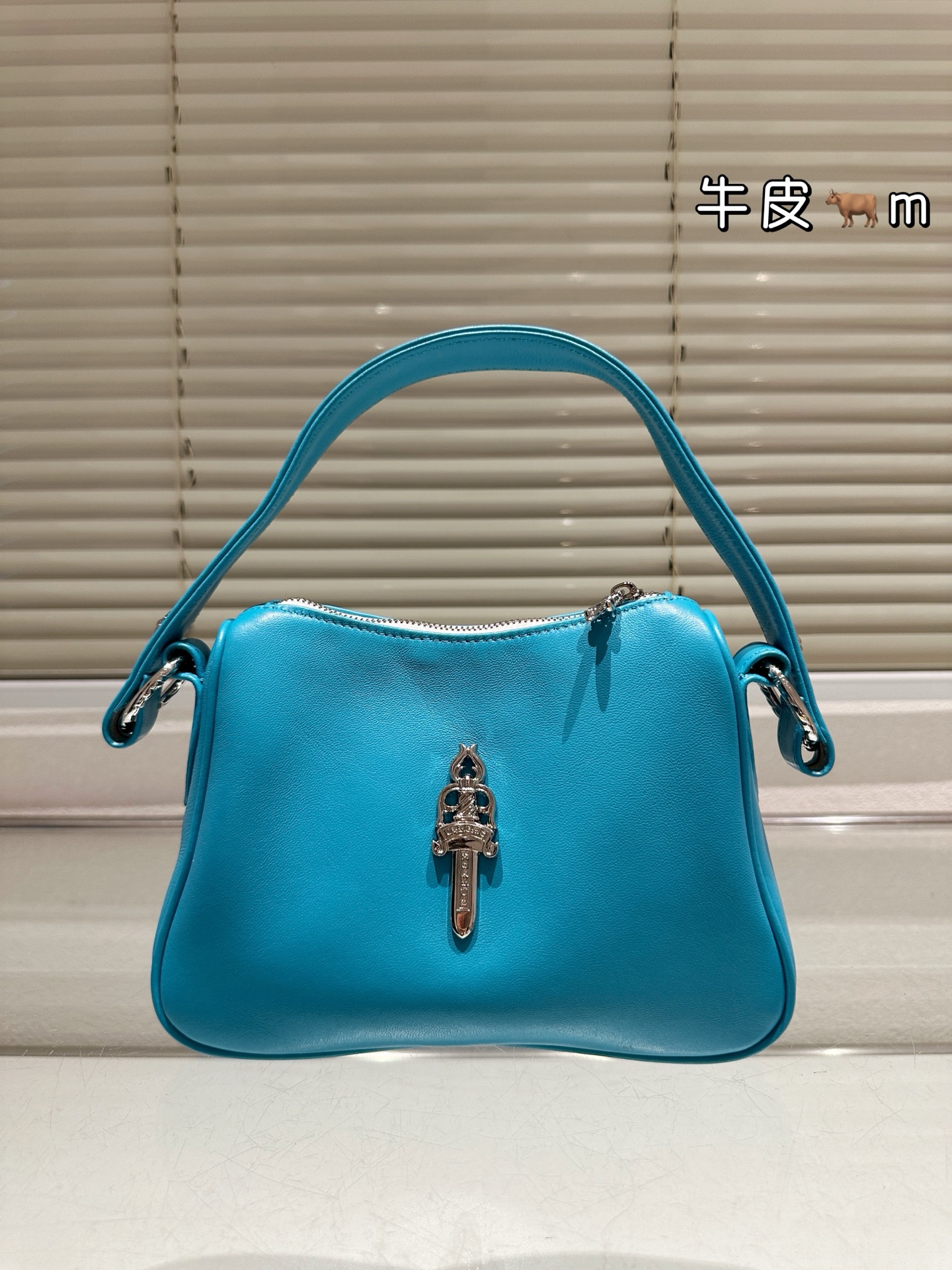 Chrome Hearts Top Handle Bag Genuine Leather Turquoise Blue, 23 x 15 cm