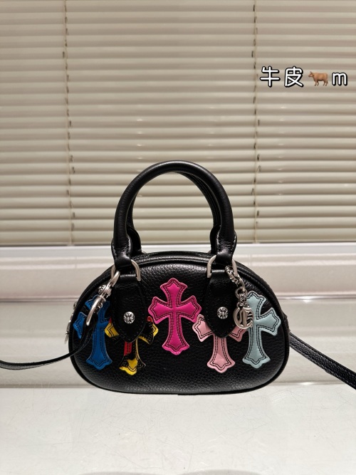 Chrome Hearts Leather Top Handle Bag with Colorful Cross Patches, 19x12cm 1 Chrome Hearts Leather Top Handle Bag with Colorful Cross Patches, 19x12cm