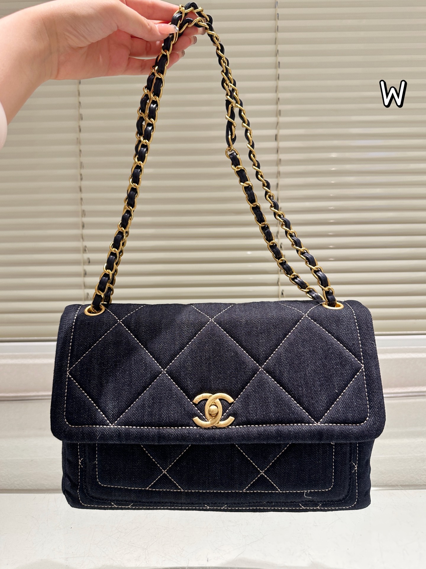 Chanel Denim Flap Bag, Quilted Design with Gold Chain, 30 x 21 cm