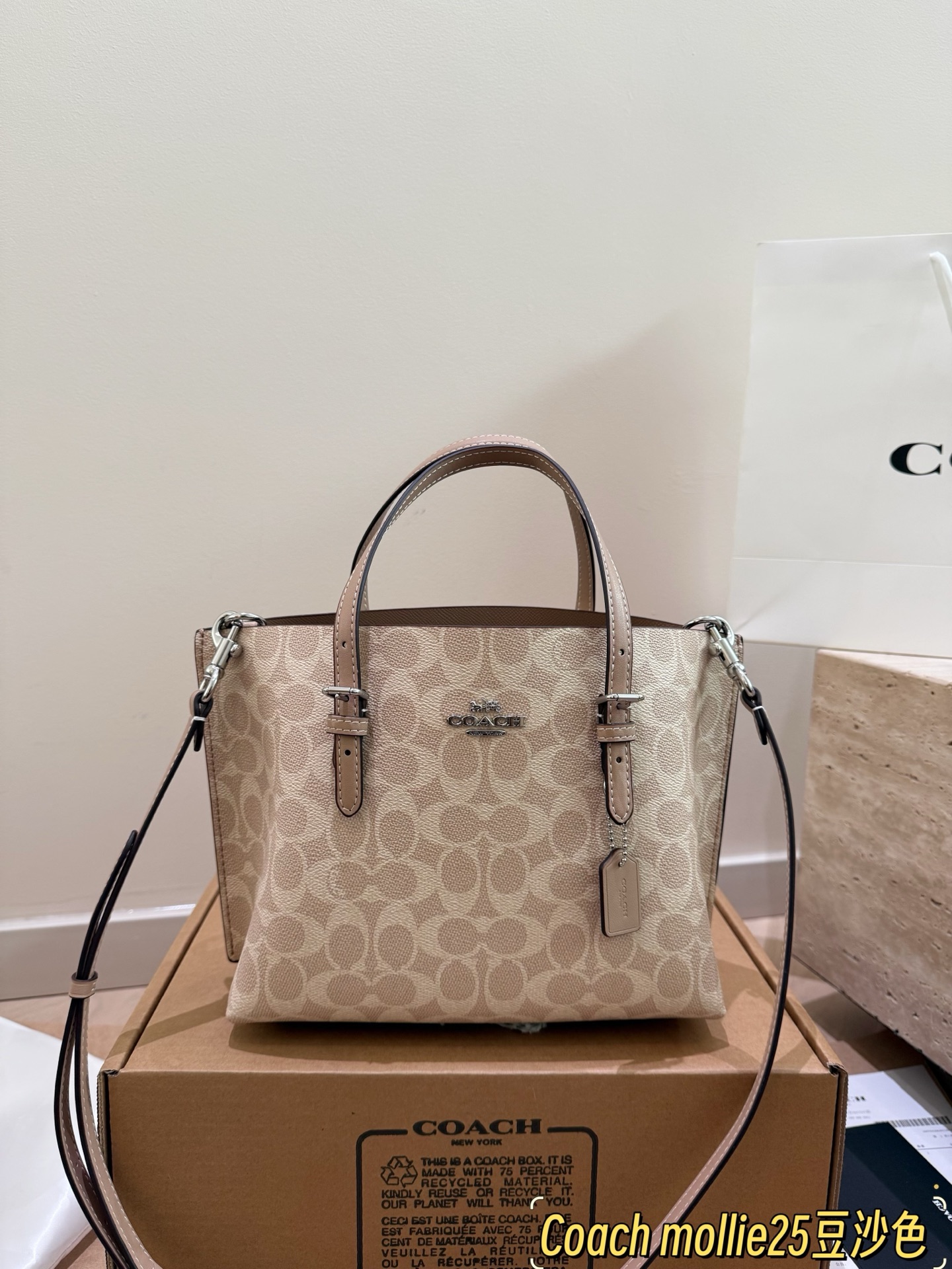 Correa de piel de vaca con relieve, tamaño: 25*20 cm, con caja, Coach bolso tote pequeño Mollie Tote, Jasmine 25, peque…