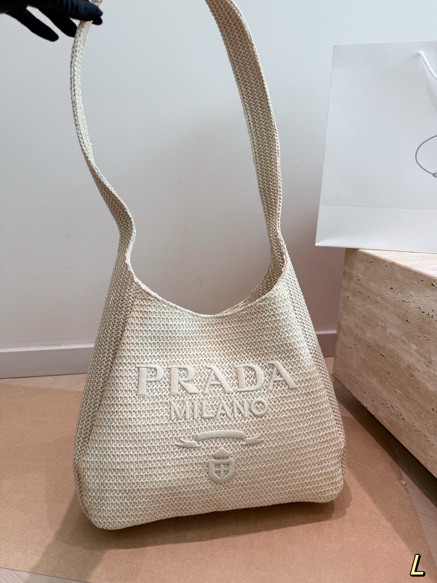 P195 | Prada Woven Tote Bag | New Spring And Summer Bag, Made Of Rustic Natural Raffia, Crocheted, Sweet And Fresh Style, Size 32 24