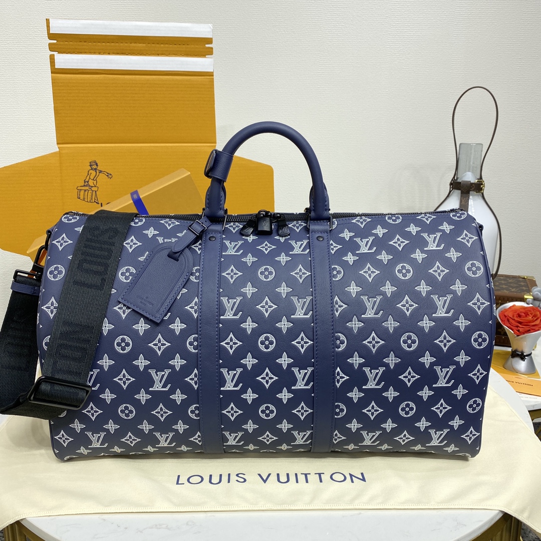 Louis Vuitton LV Keepall Sacos de Viagem Azul Branco Impressão Couro de vaca M24953