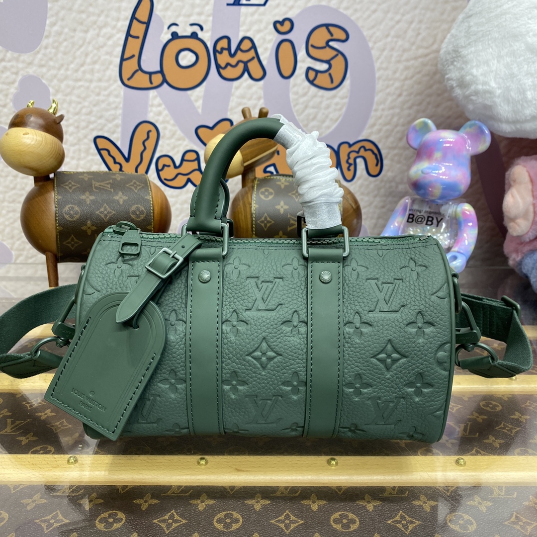 لويس فيتون LV Keepall حقيبة حقيبة يد حقيبة سفر أسود . بلو غرين غراي جلد البقر M20900