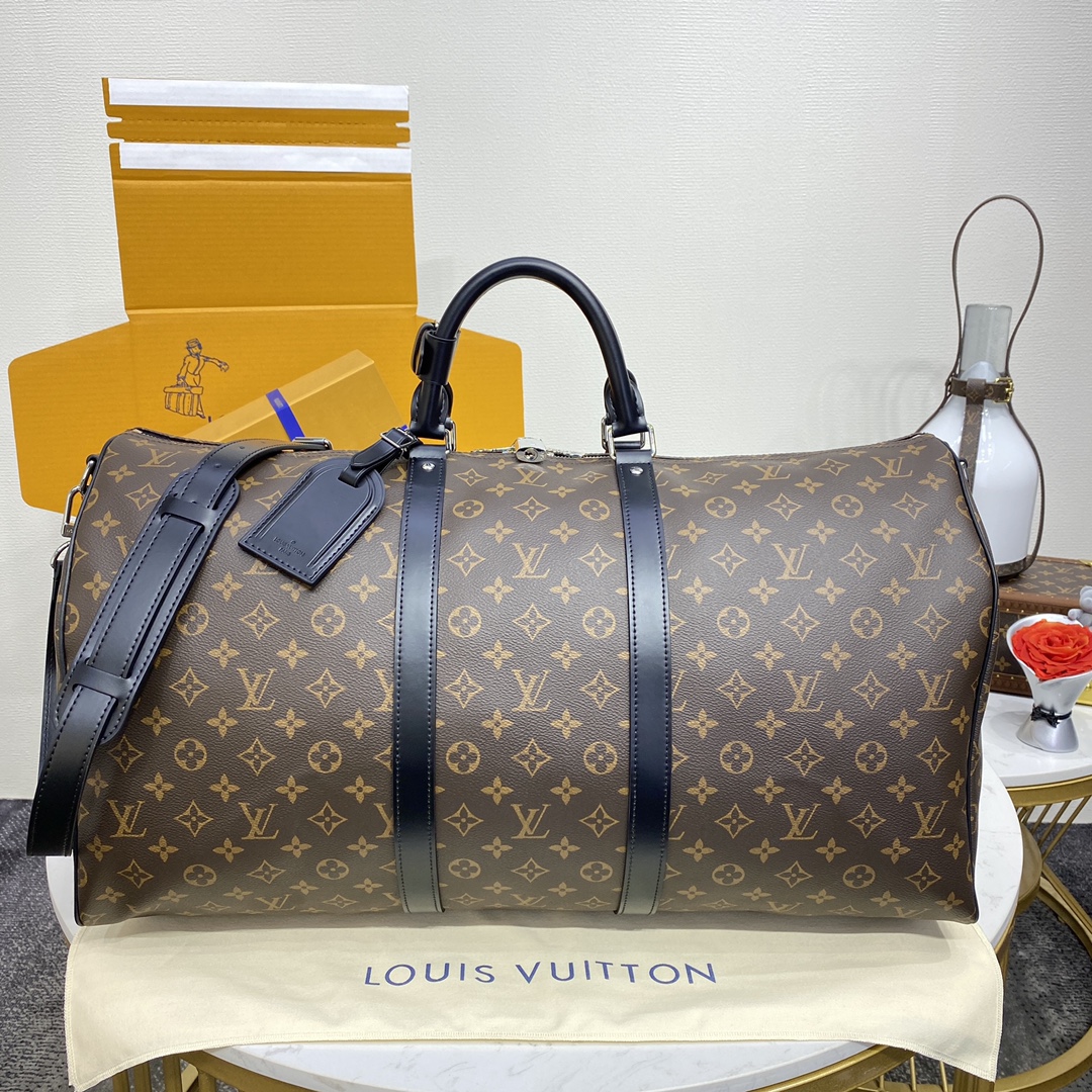 Louis Vuitton LV Keepall Sacos de Viagem Melhor qualidade falsa
 Preto Ouro Damier Azur Canvas Algodão Couro de vaca M56714