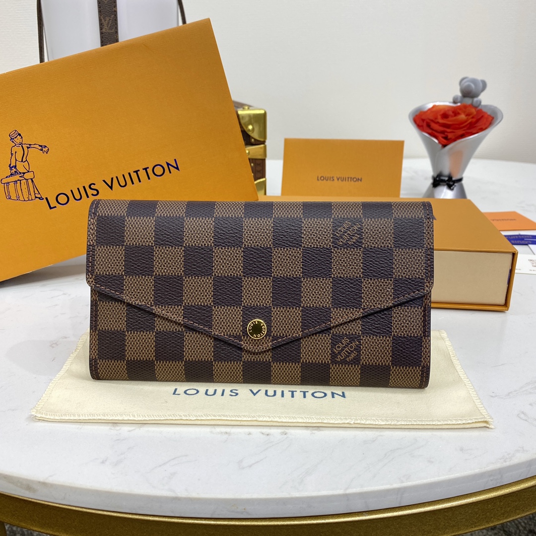 Louis Vuitton Carteira Castanho Rosa Damier Ebene Canvas Couro de vaca N60114