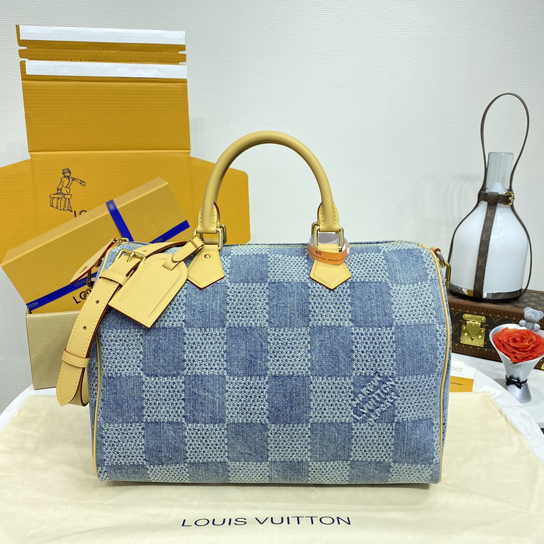 Louis Vuitton LV Speedy Sacos Bolsas Azul Grelha Denim Algodão Couro de vaca Colecção Primavera/Verão N40701