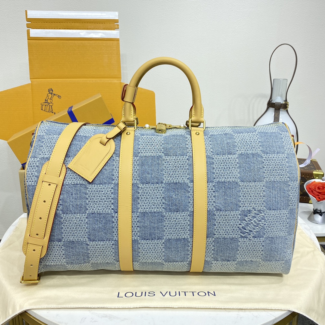 Novo 2024
 Louis Vuitton LV Keepall Sacos de Viagem Azul Grelha Denim Branco Canvas Algodão Colecção de Verão N40709