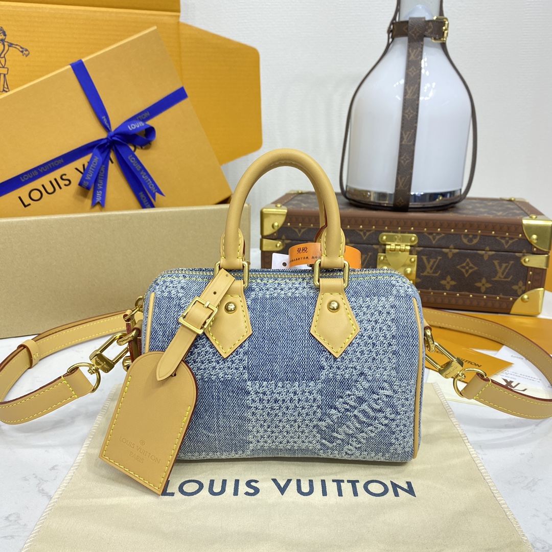 Louis Vuitton LV Speedy AAA+
 Bolsas Sacos de Viagem Azul Grelha Canvas Algodão Couro de vaca Denim Colecção Verão N40682