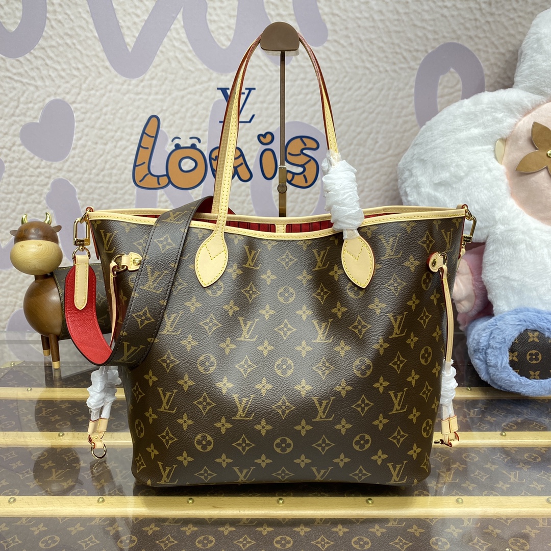 Louis Vuitton LV Neverfull Sacs À Main Rouge Toile Tissu Vintage M12257