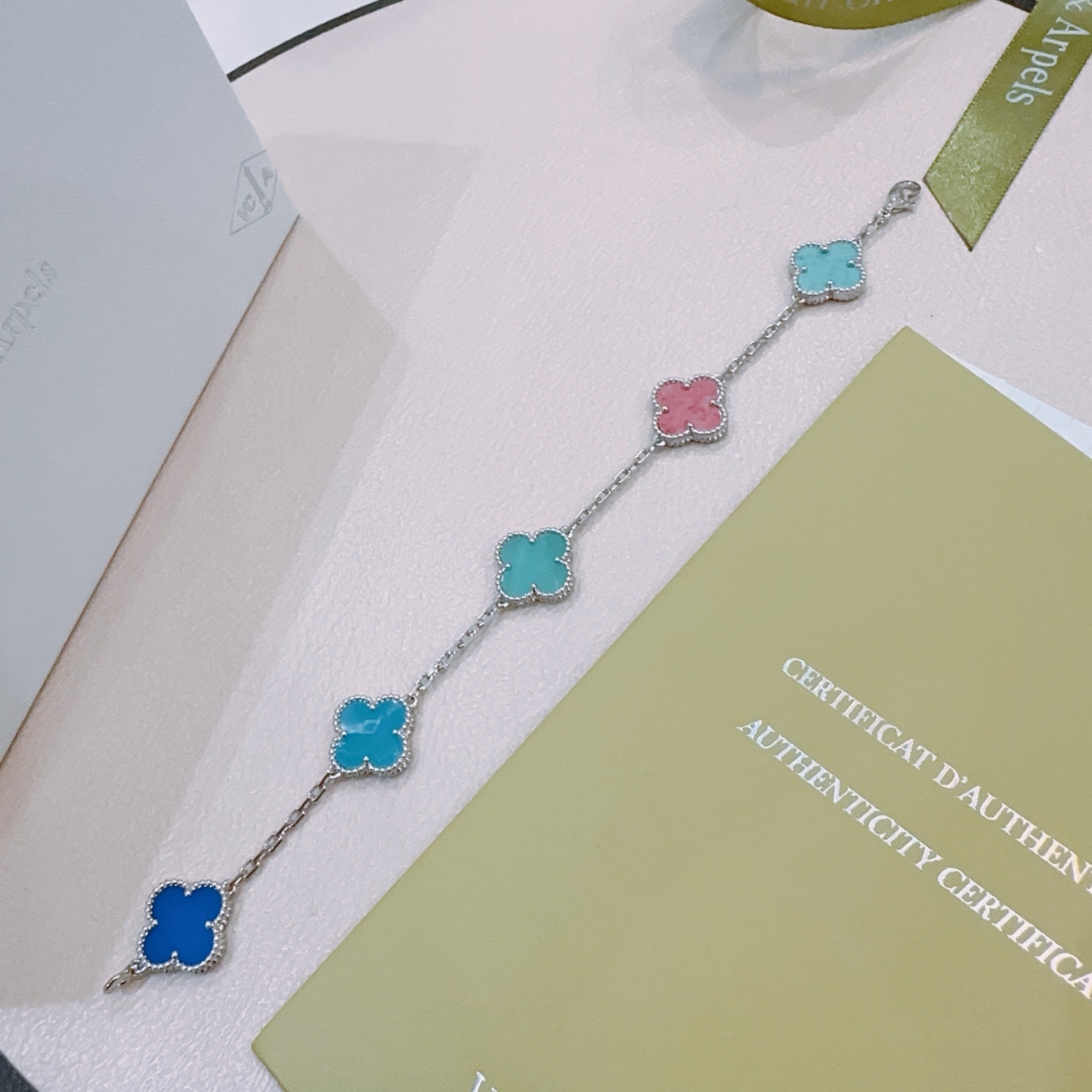 Van Cleef Arpels Alhambra bracelet silver-toned metal with multicolor clover inlays turquoise pink royal blue bright blue 18cm