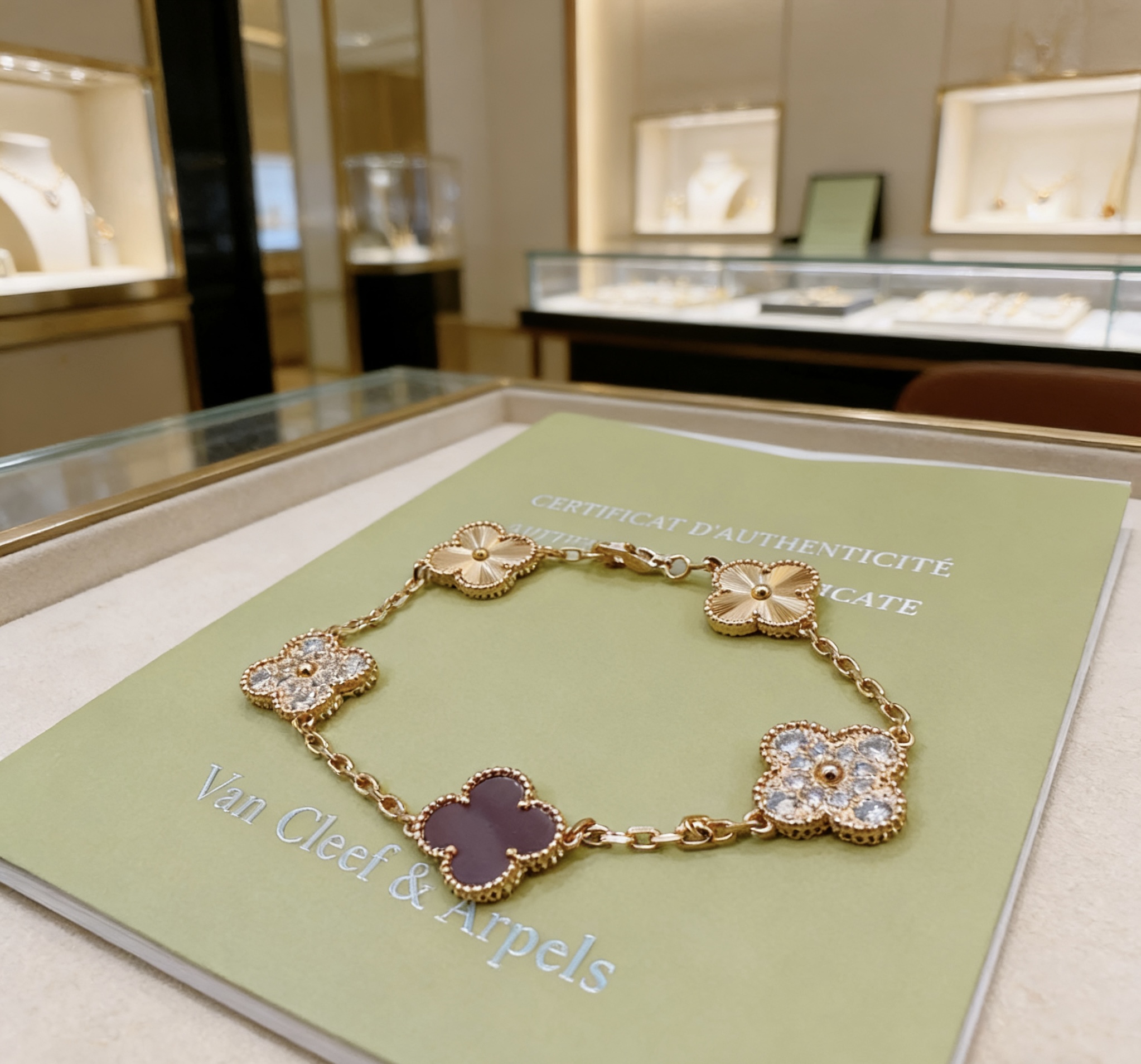 Bracelet Van Cleef Arpels Alhambra Métal doré rose avec accents de diamants clairs et motifs de trèfles en pierre violet foncé 19 cm