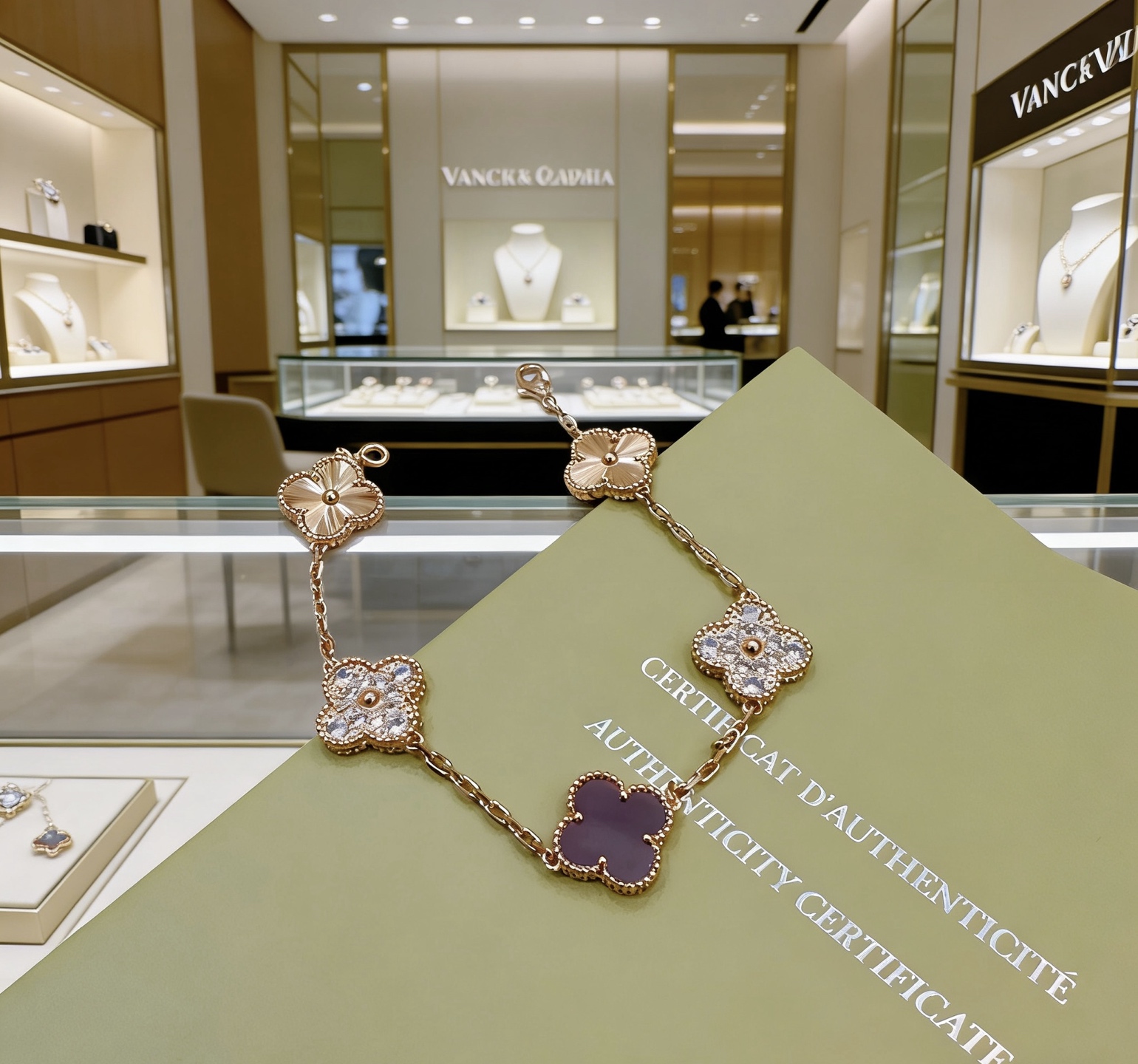 Bracelet Van Cleef Arpels Alhambra Métal doré rose avec accents de diamants clairs et motifs de trèfles en pierre violet foncé 19 cm