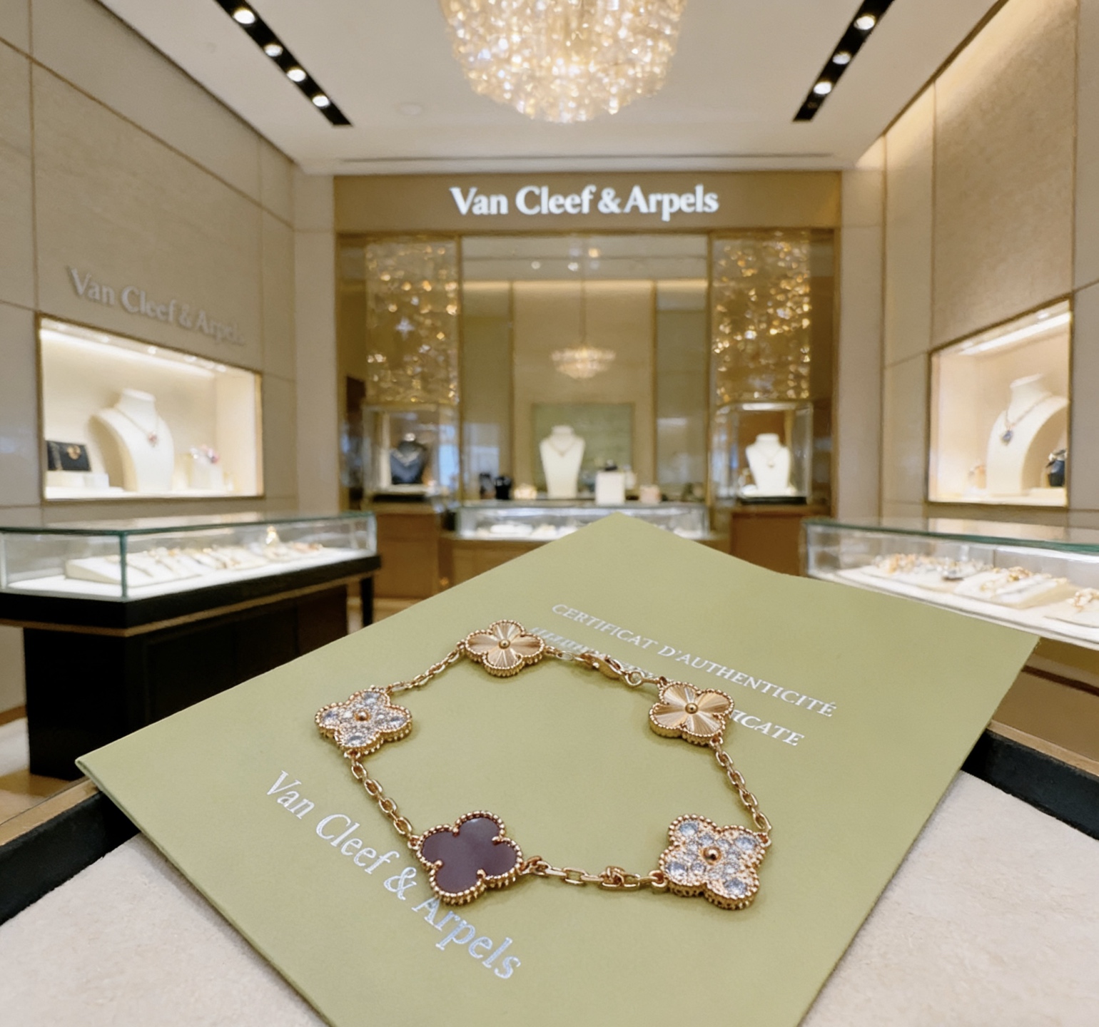 Bracelet Van Cleef Arpels Alhambra Métal doré rose avec accents de diamants clairs et motifs de trèfles en pierre violet foncé 19 cm