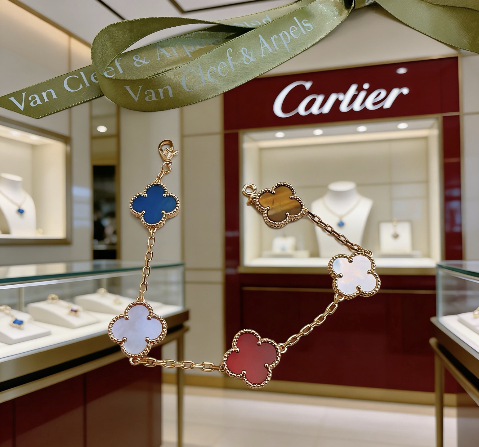 Van Cleef Arpels Alhambra bracelet Yellow gold metal with blue agate white mother-of-pearl red carnelian and tiger s eye stone clover motifs 19cm