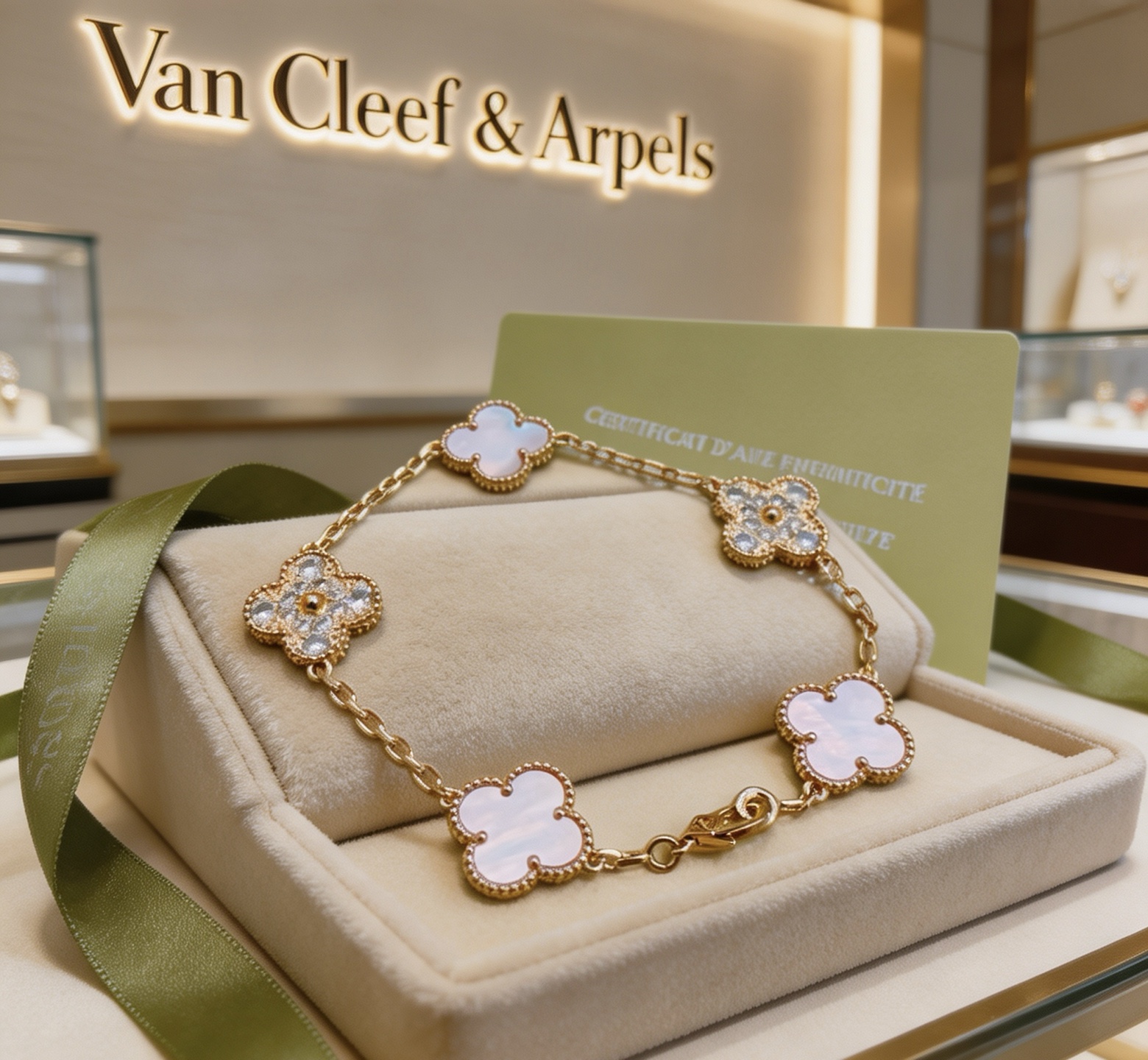 Pulsera Van Cleef Arpels Alhambra Metal en oro amarillo con detalles en nácar blanco y diamantes transparentes 18 cm