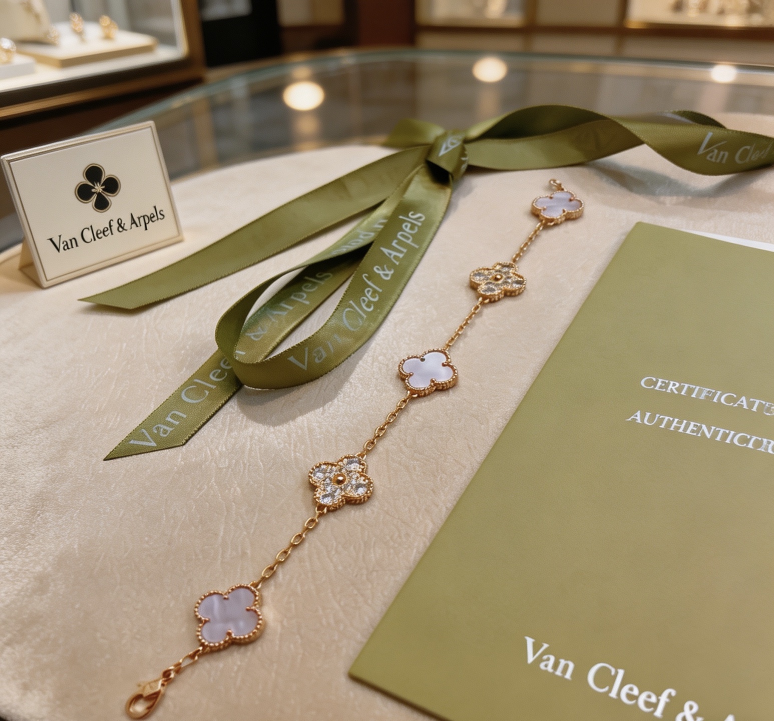 Pulsera Van Cleef Arpels Alhambra Metal en oro amarillo con detalles en nácar blanco y diamantes transparentes 18 cm