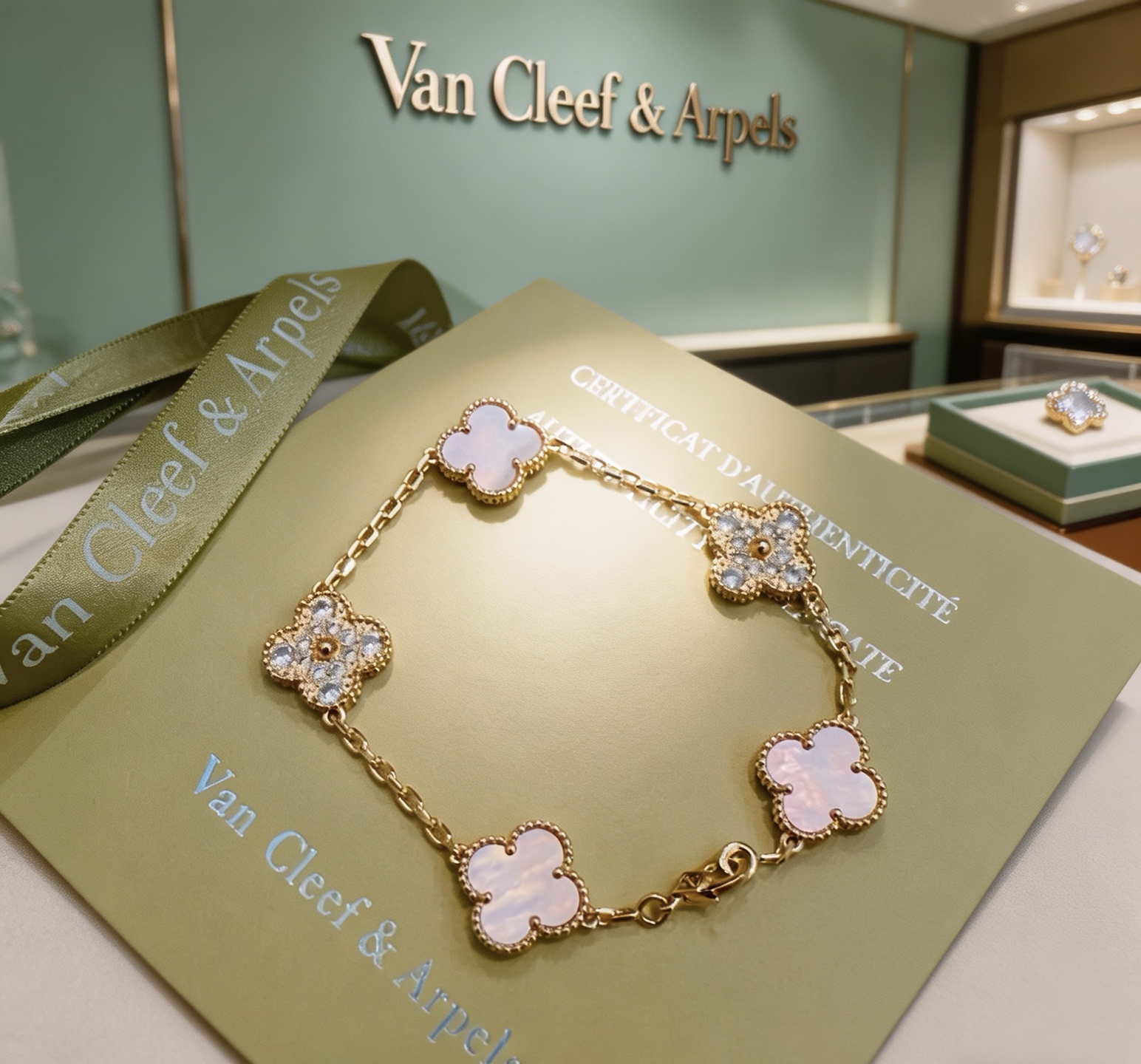Pulsera Van Cleef Arpels Alhambra Metal en oro amarillo con detalles en nácar blanco y diamantes transparentes 18 cm