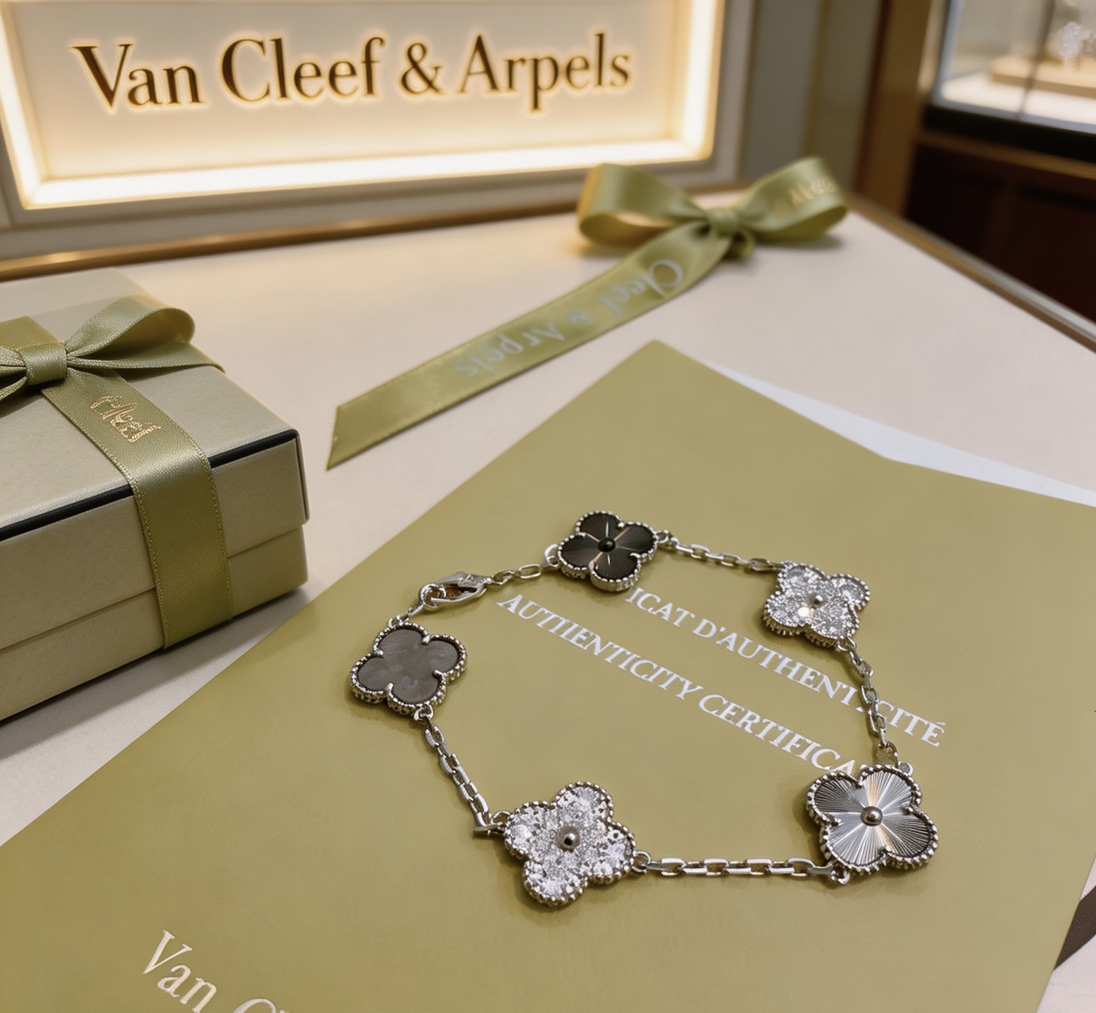 Van Cleef Arpels Bracelet Alhambra Métal argenté avec pierres transparentes ressemblant à des diamants Pierre gris foncé Métal guilloché argenté et incrustations de trèfle gris foncé 19 cm