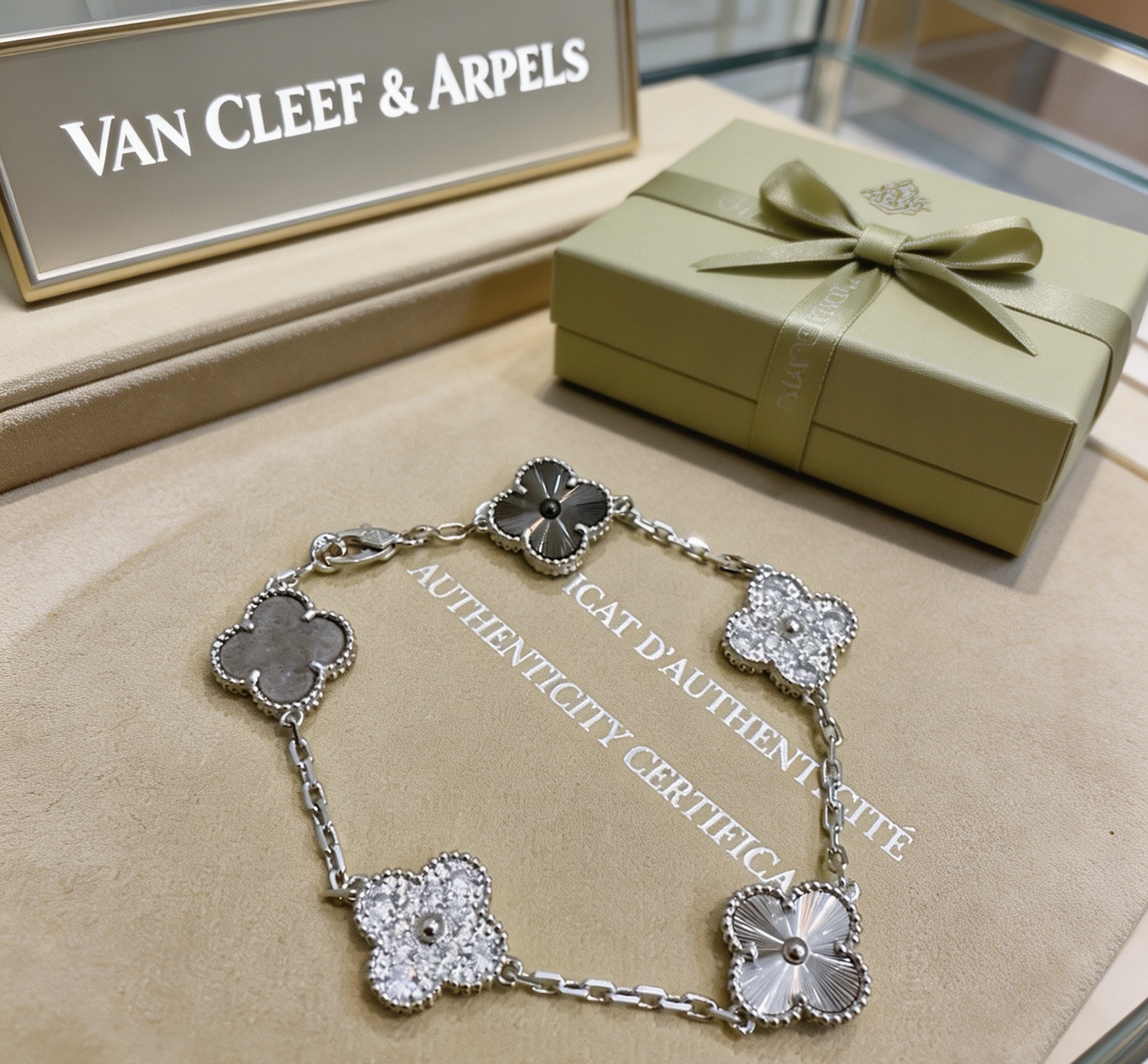 Van Cleef Arpels Bracelet Alhambra Métal argenté avec pierres transparentes ressemblant à des diamants Pierre gris foncé Métal guilloché argenté et incrustations de trèfle gris foncé 19 cm