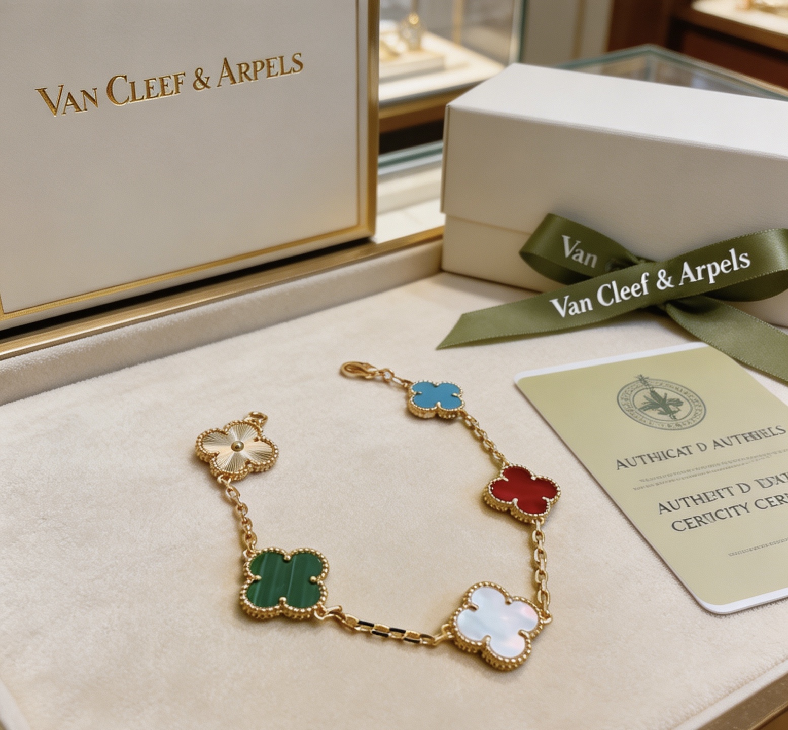 Bracciale Van Cleef Arpels Alhambra Metallo in oro giallo con motivi di trifoglio guilloché blu, rosso, corniola, madreperla bianca, verde malachite e oro 17 cm