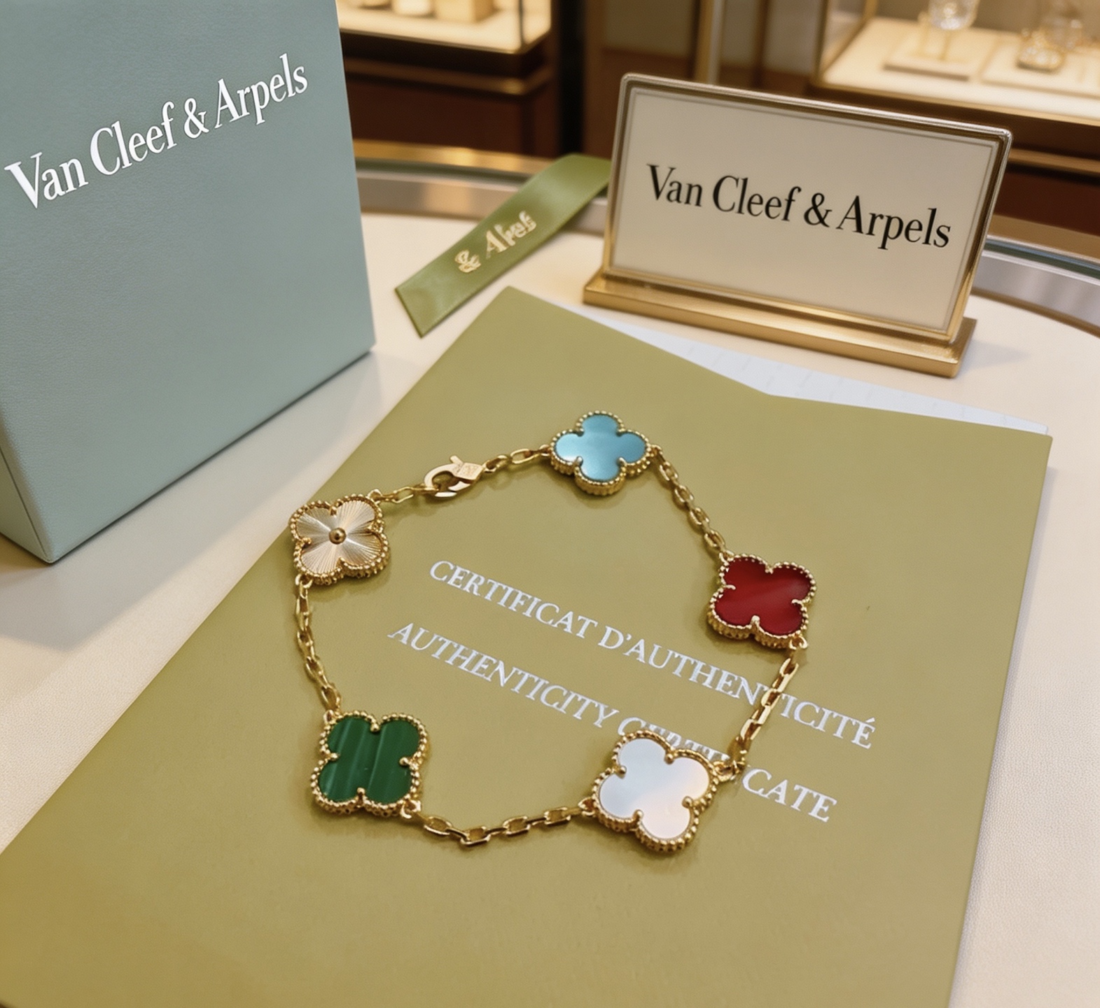 Bracciale Van Cleef Arpels Alhambra Metallo in oro giallo con motivi di trifoglio guilloché blu, rosso, corniola, madreperla bianca, verde malachite e oro 17 cm