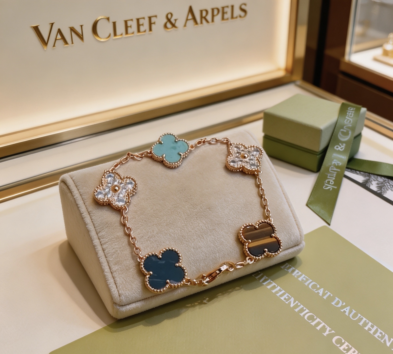 Van Cleef Arpels Alhambra bracelet Rose gold metal with turquoise diamond tiger s eye and dark blue stone accents 17cm