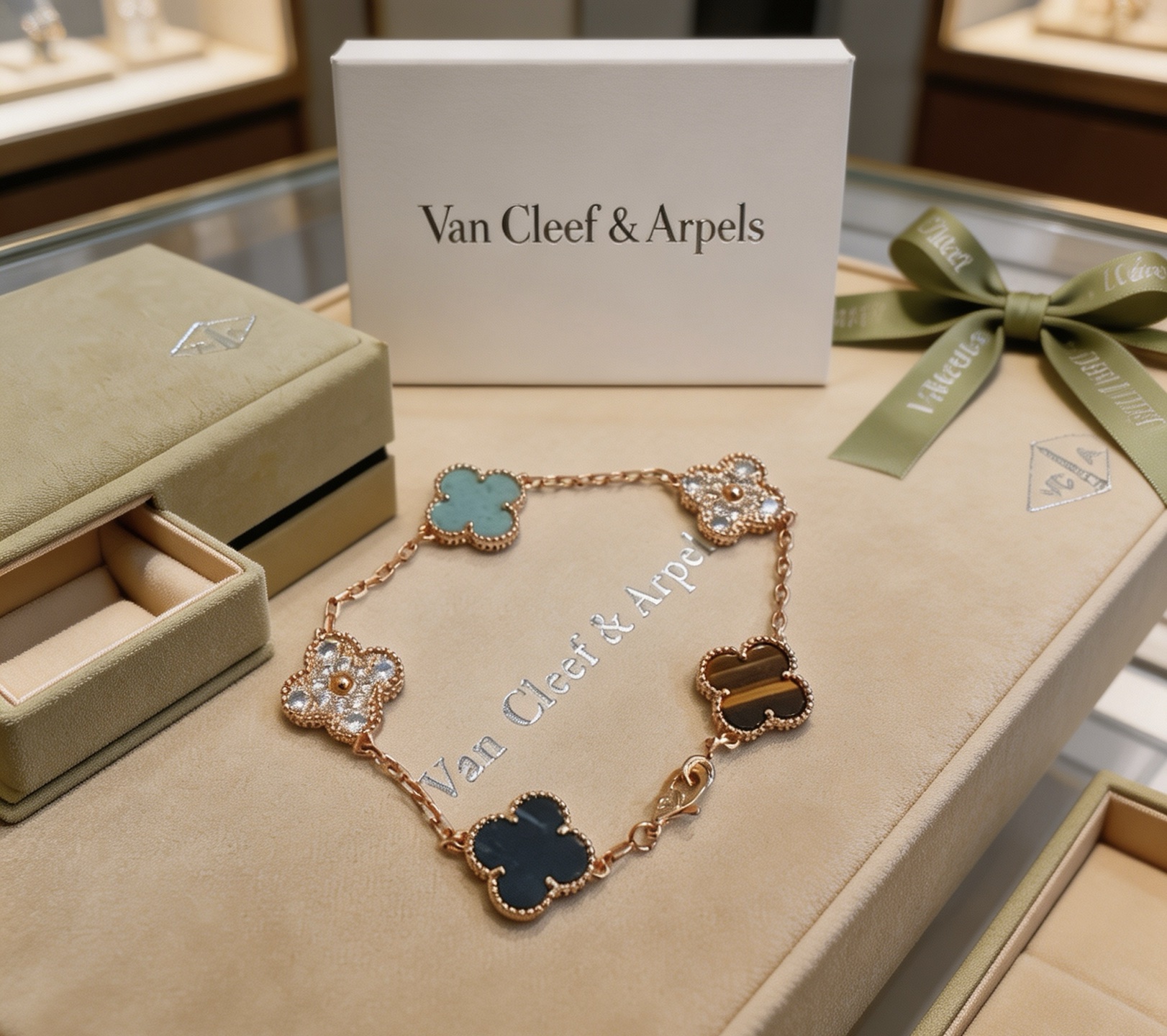 Van Cleef Arpels Alhambra bracelet Rose gold metal with turquoise diamond tiger s eye and dark blue stone accents 17cm