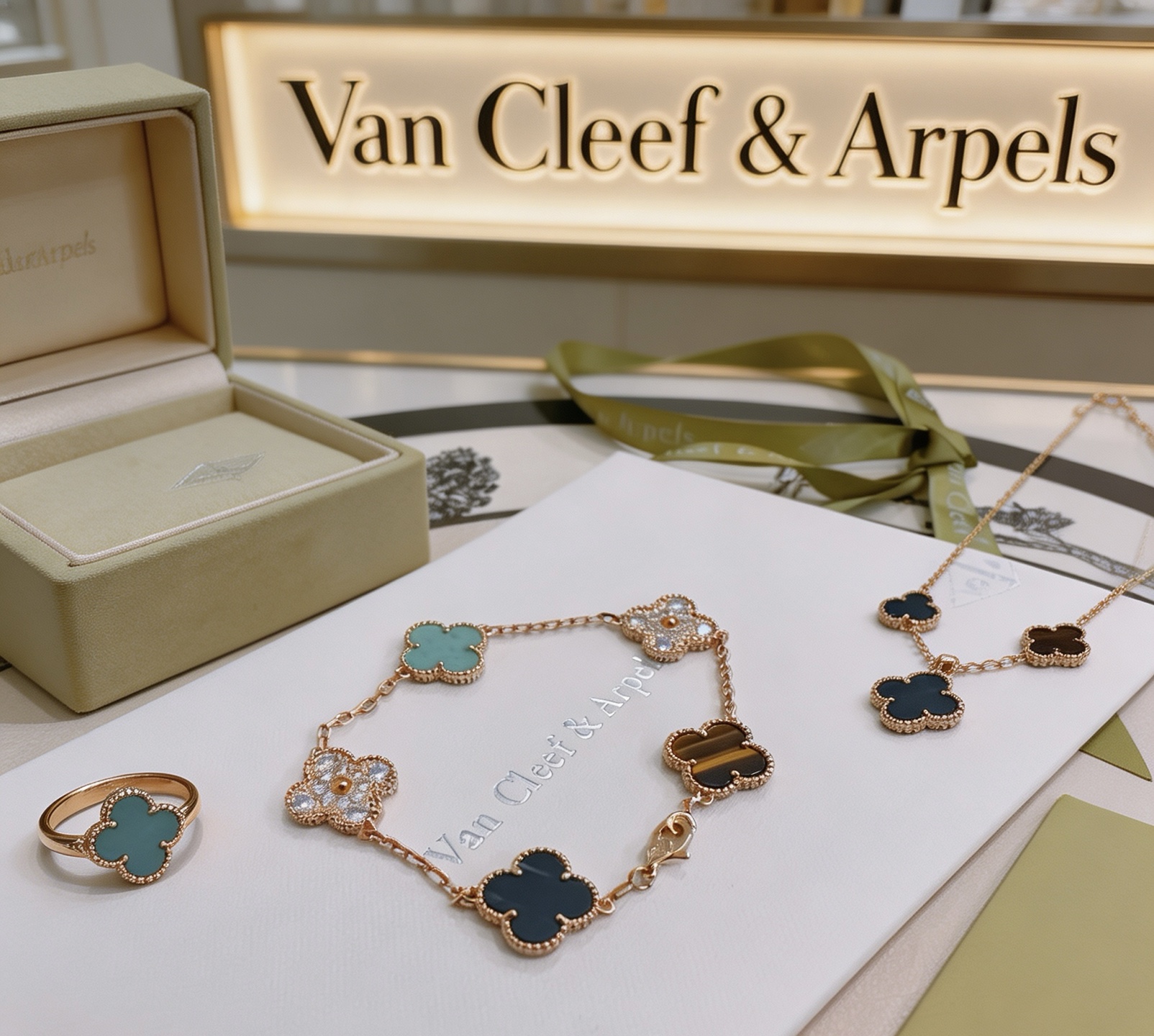 Bracelet Van Cleef Arpels Alhambra Métal doré rose avec oeil de tigre en diamant turquoise et accents de pierre bleu foncé 17 cm