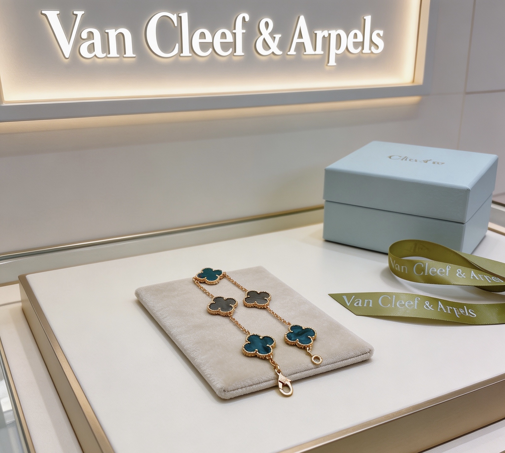 Van Cleef Arpels Bracelet Alhambra Métal doré jaune avec motifs agate bleu sarcelle et trèfles en nacre grise 19cm