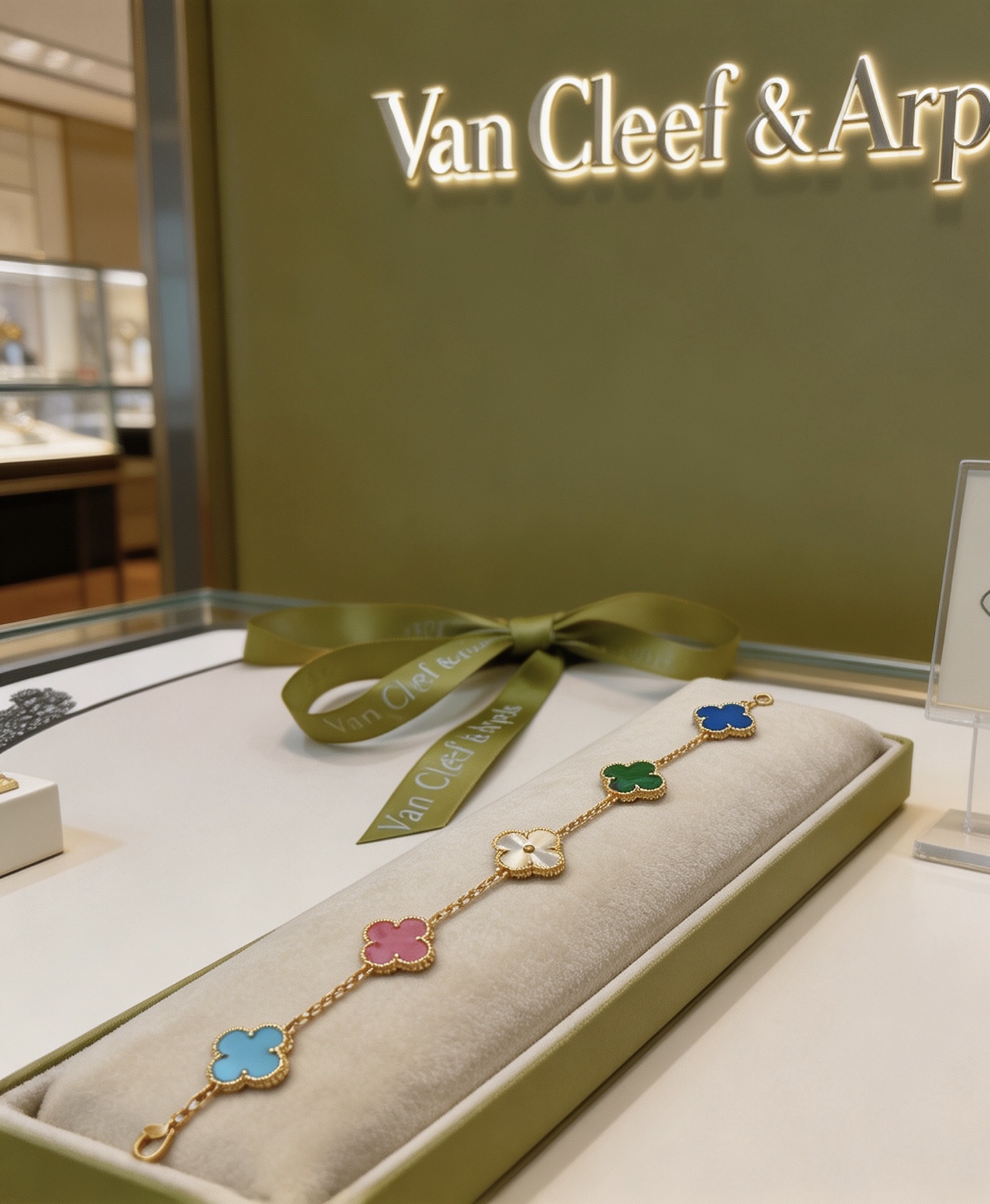 Van Cleef Arpels Pulsera Alhambra Metal oro amarillo con motivos de tréboles multicolores guilloché blanco verde malaquita rodonita rosa ágata azul azul claro turquesa 18cm