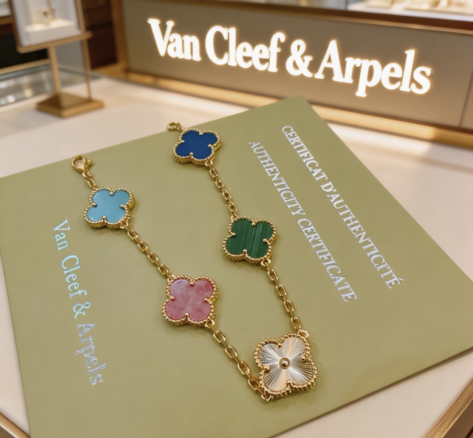 Van Cleef Arpels Pulsera Alhambra Metal oro amarillo con motivos de tréboles multicolores guilloché blanco verde malaquita rodonita rosa ágata azul azul claro turquesa 18cm