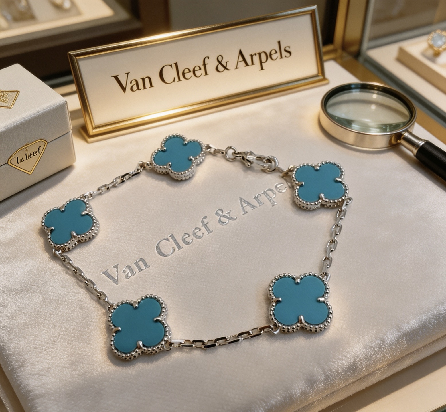 Van Cleef Arpels Vintage Alhambra bracelet Silver-toned metal with turquoise blue clover inlays 18cm