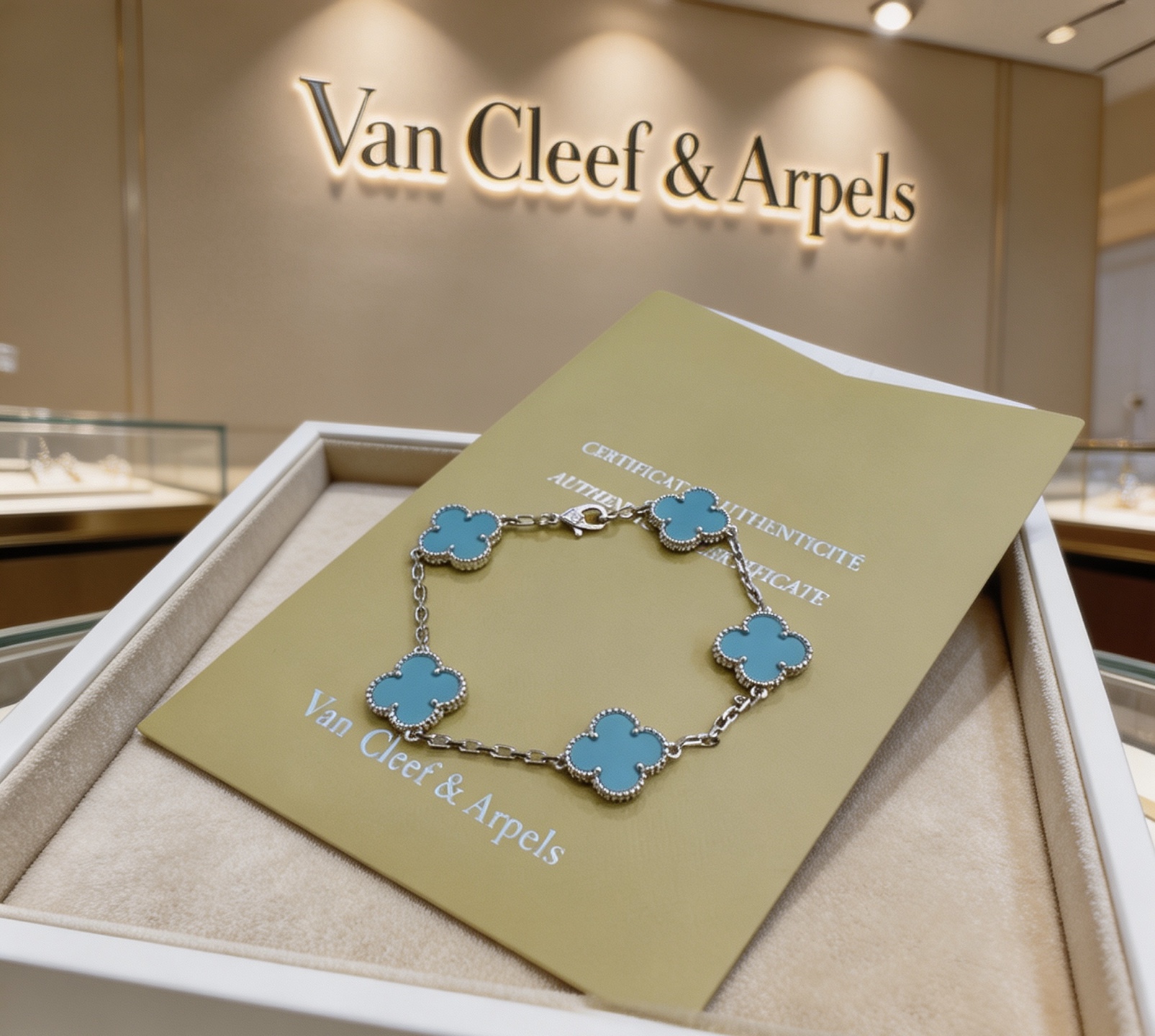Van Cleef Arpels Vintage Alhambra bracelet Silver-toned metal with turquoise blue clover inlays 18cm