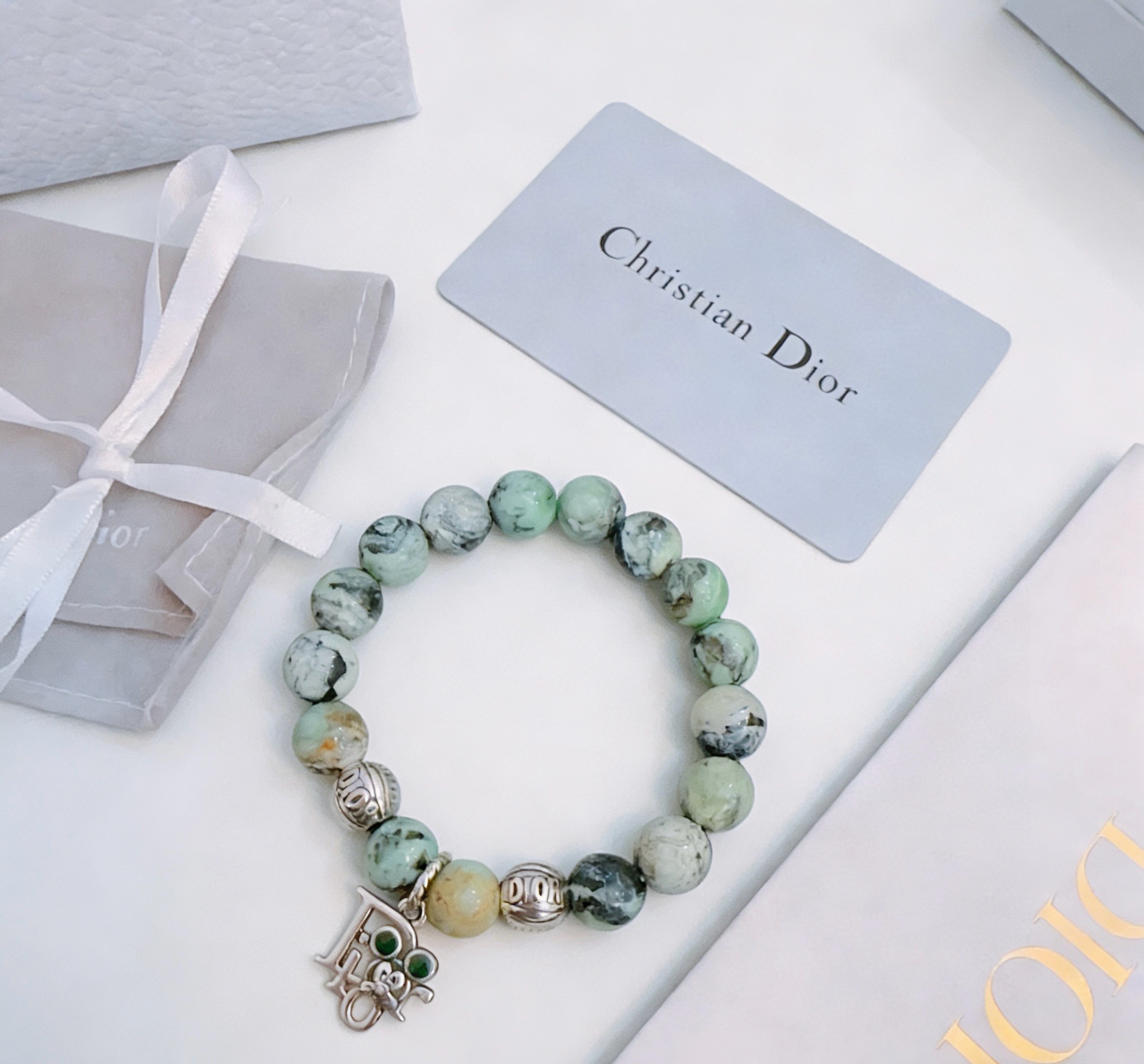 Dior Beaded Charm Bracelet bracelet Silver-tone metal with variegated green white and yellow natural stone beads accented with dark green cabochon stones 18cm