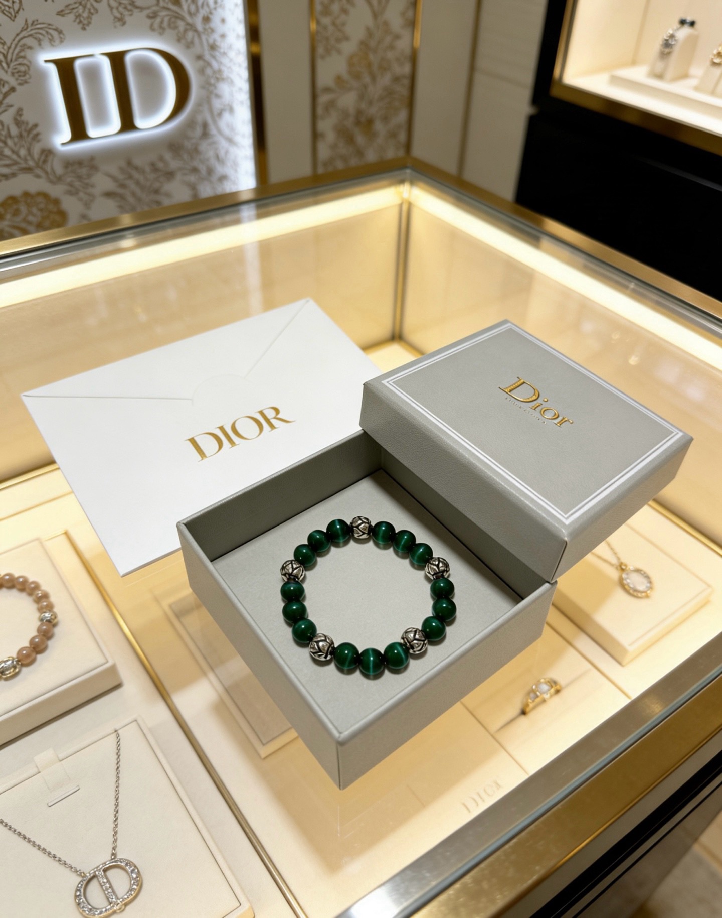 Dior Cannage Beaded Bracelet bracelet Silver-tone metal with deep green malachite beads 18cm