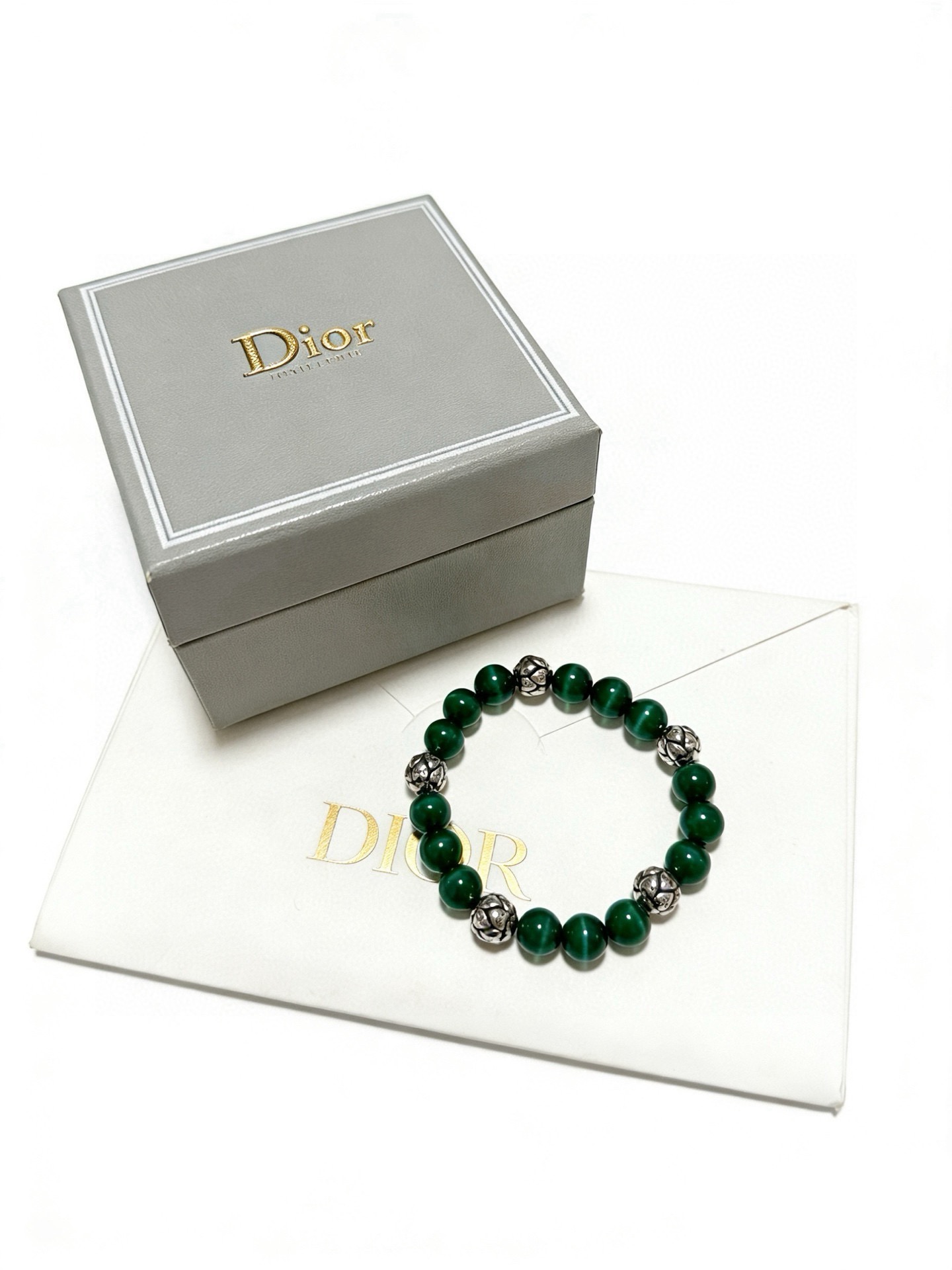 Dior Cannage Beaded Bracelet bracelet Silver-tone metal with dark green cat s eye beads 19cm
