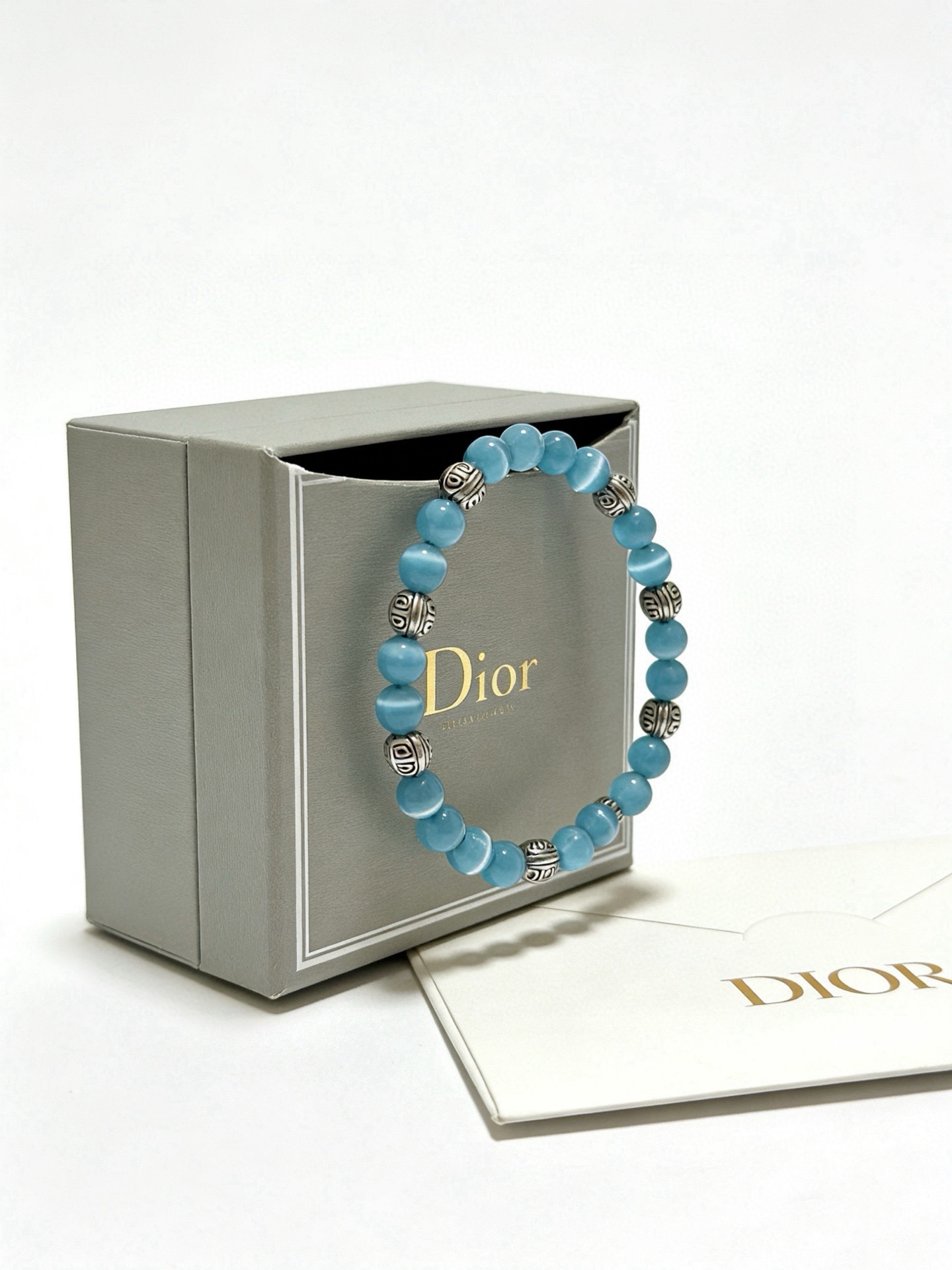 Dior Beaded Stretch Bracelet bracelet Antique silver-tone metal with light sky blue cat s eye beads 18cm